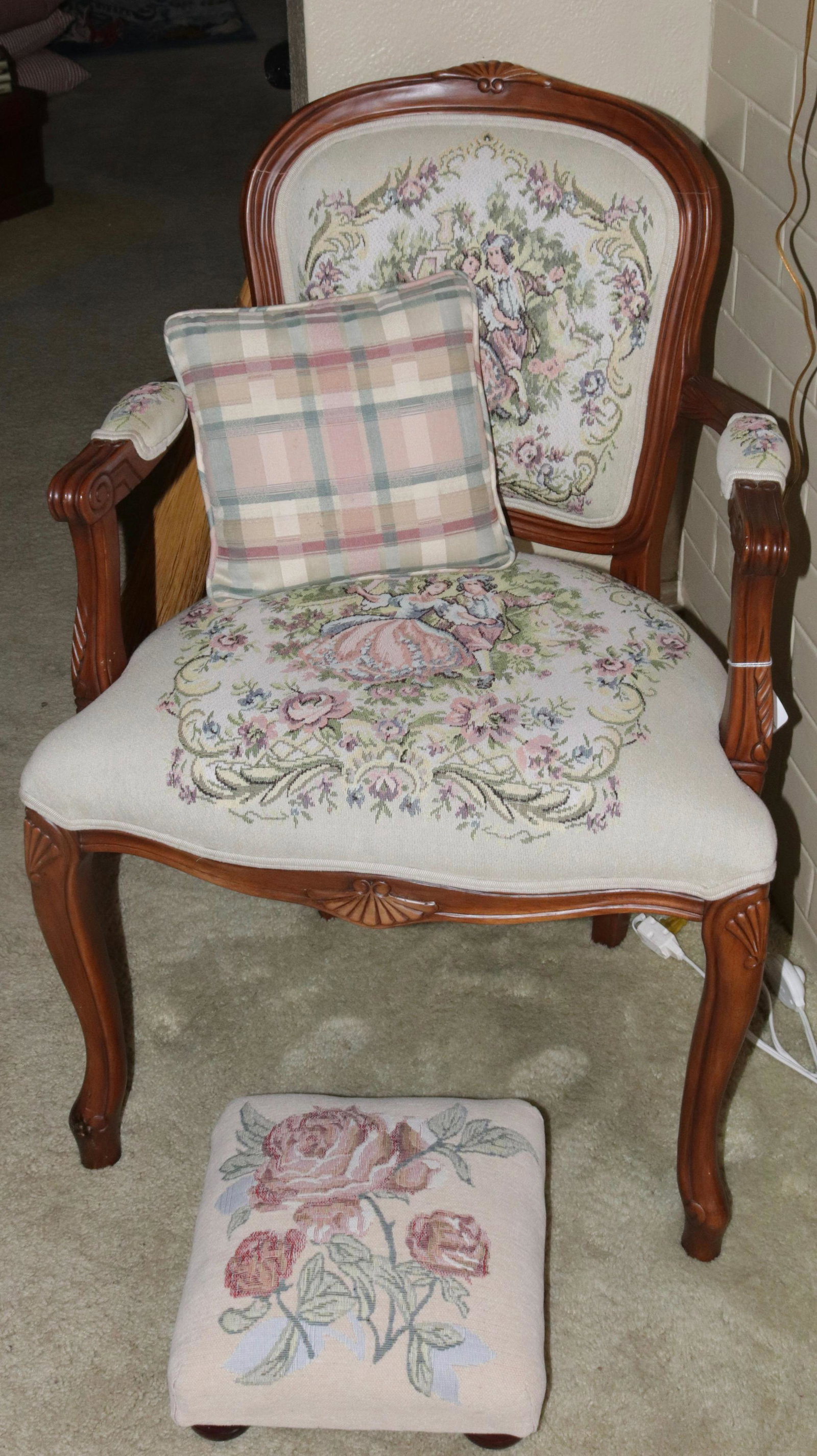 NEEDLE POINT CHAIR AND FOOTSTOOL: FRENCH STYLE ARM CHAIR WITH FOOT STOOL SIZE: CHAIR 36" X 25" X 17" - STOOL 11 1/2" X 11 1/2"