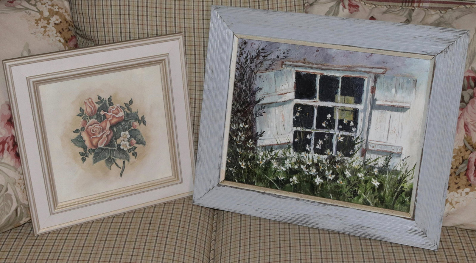 GRACE E. GRACE OIL ON CANVAS: THE WINDOW" SIGNED AND TITLES ON REVERSE - FRAMED MARY HUGHES PRINT SIZE: 11" X 14" - 9" X 9