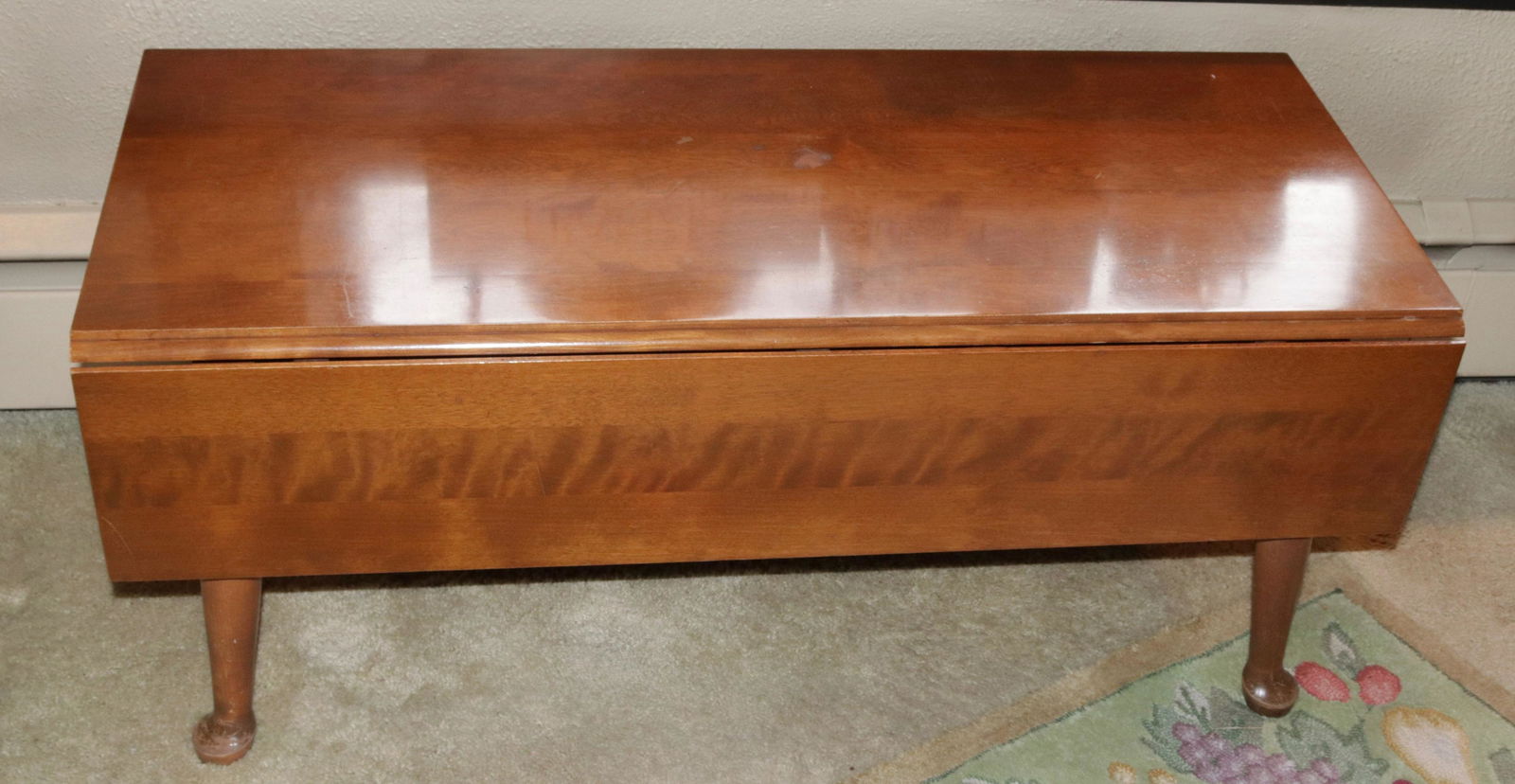 CHERRY DROP LEAF COFFEE TABLE: DOUBLE SIDED DROP LEAF - QUEEN ANNE STYLE SIZE: 17" H X 42" X 18" (CLOSED) - 8" LEAVES
