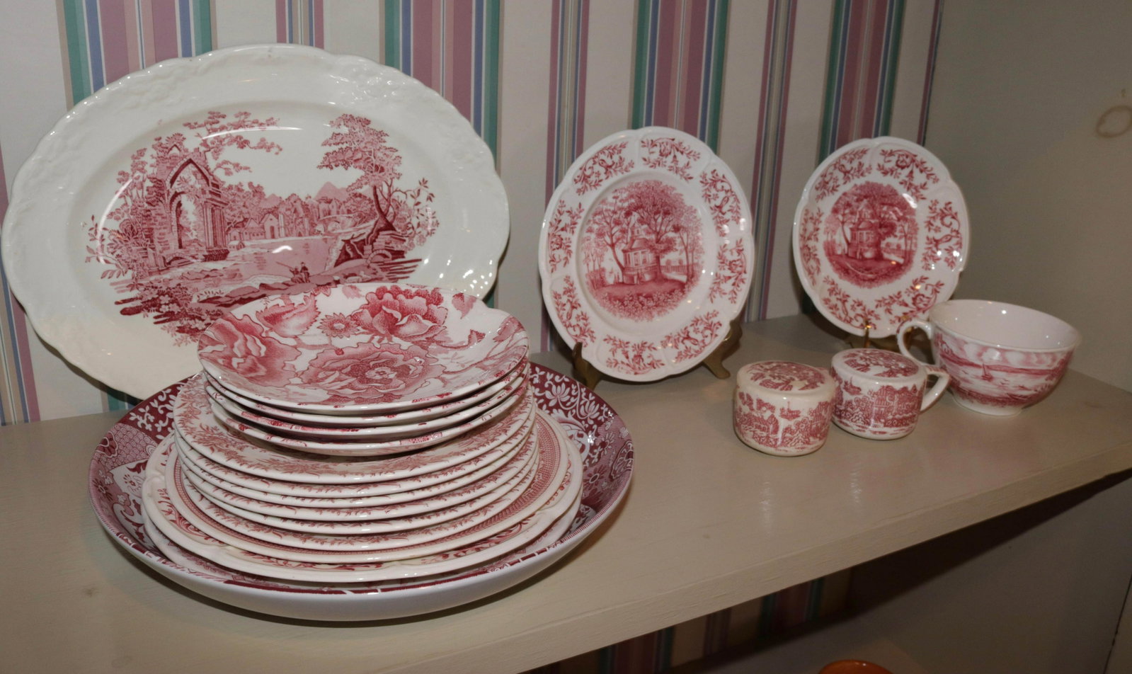 GROUP LOT OF RED AND WHITE TRANSFERWARE: (20) PIECES INCLUDING - PLATES, PLATTER, SALT AND PEPPER, AND MORE - VARIOUS MAKERS