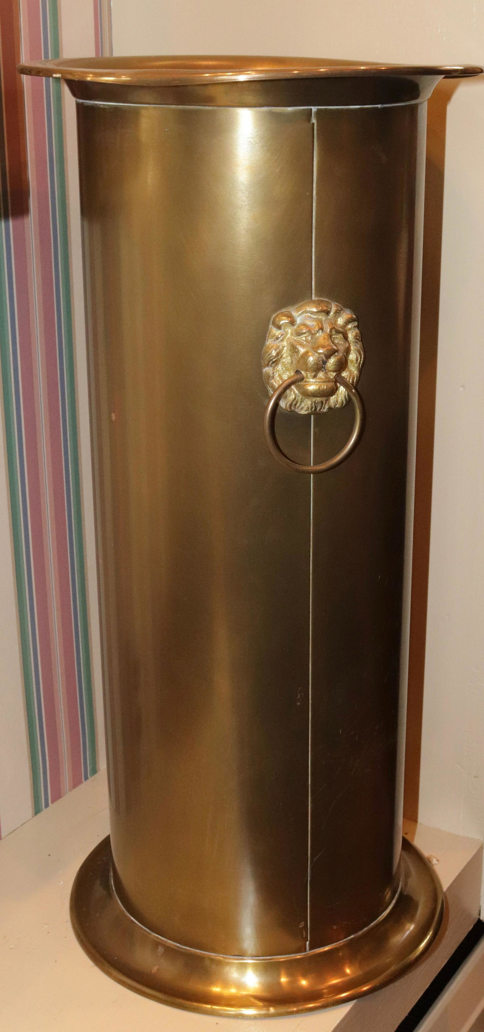 BRASS UMBRELLA STAND: WITH LION HEAD DESIGN SIDE HANDLES SIZE: 20 1/2" H