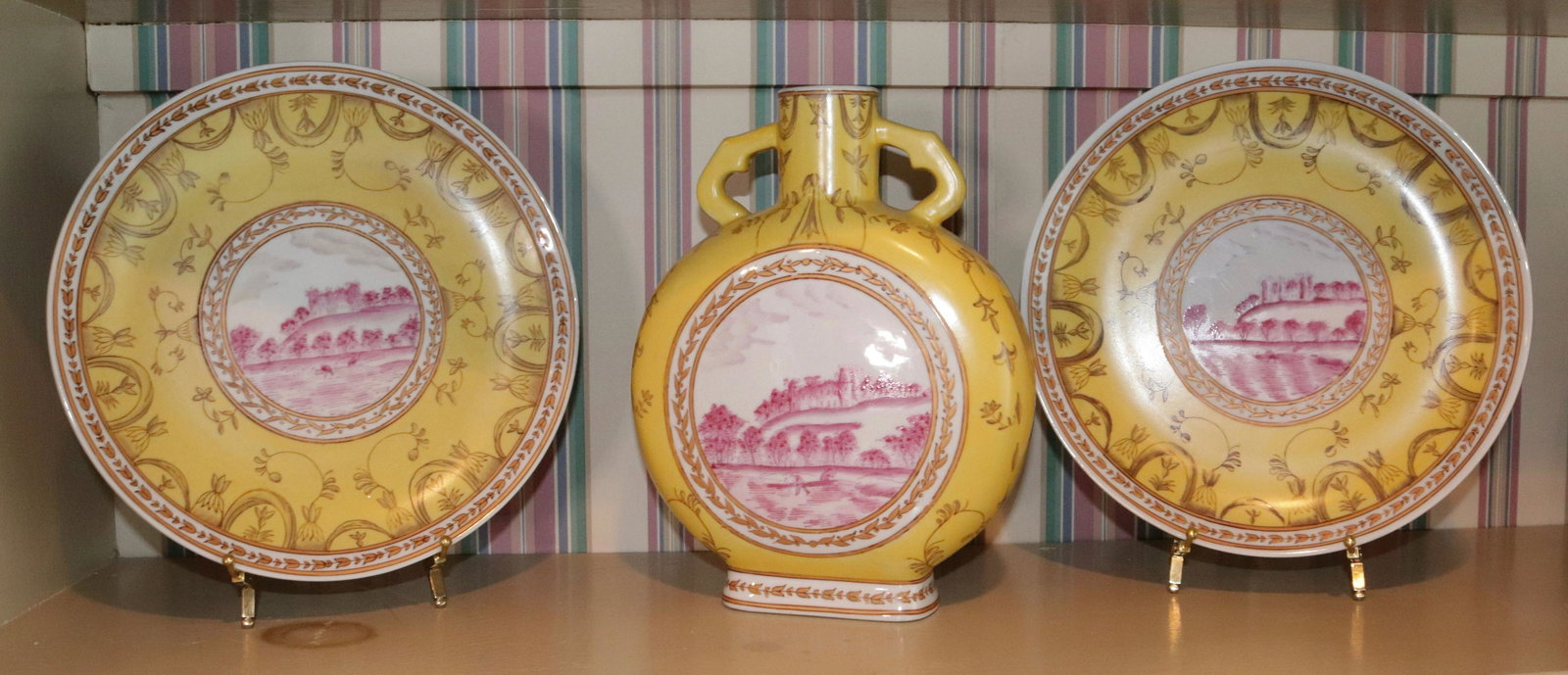 CHINESE PORCELAIN LOT: MOON FLASK AND PAIR OF MATCHING PLATES - WITH STAMP ON BACK - YELLOW, RED, AND GOLD SIZE: PLATES 10" - FLASK 10 1/2"