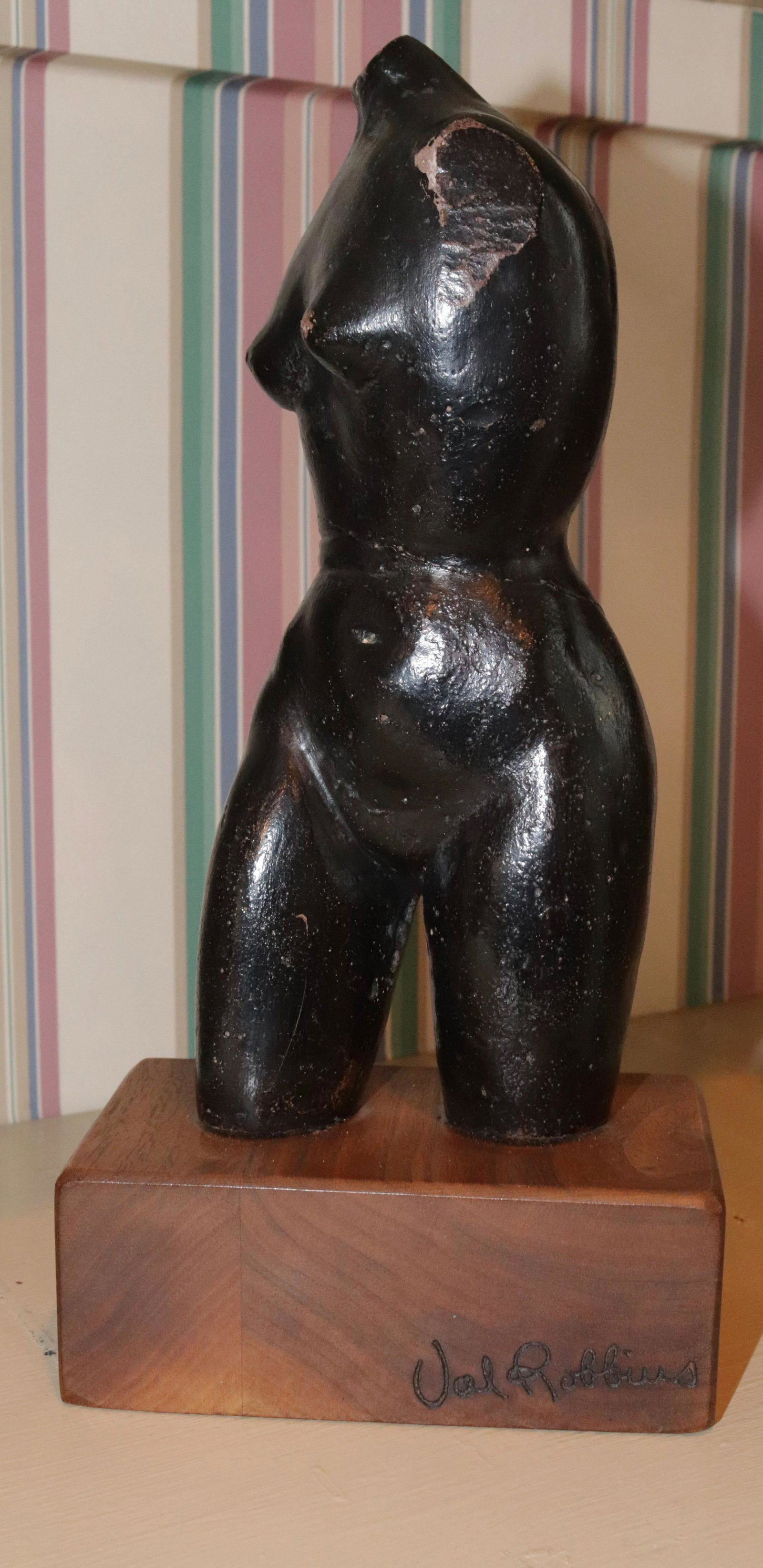VAL ROBBINS SCULPTURE: METAL NUDE SCULPTURE ON WOODEN SIGNED BASE SIZE: 10"