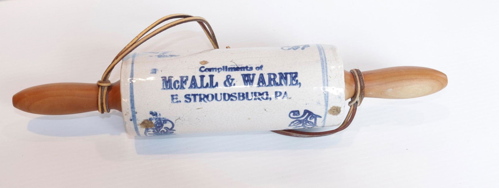 EAST STROUDSBURG STONEWARE ROLLING PIN: MARKED "MCFALL & WARNE E. STROUDSBURG, PA" SIZE: 16" L