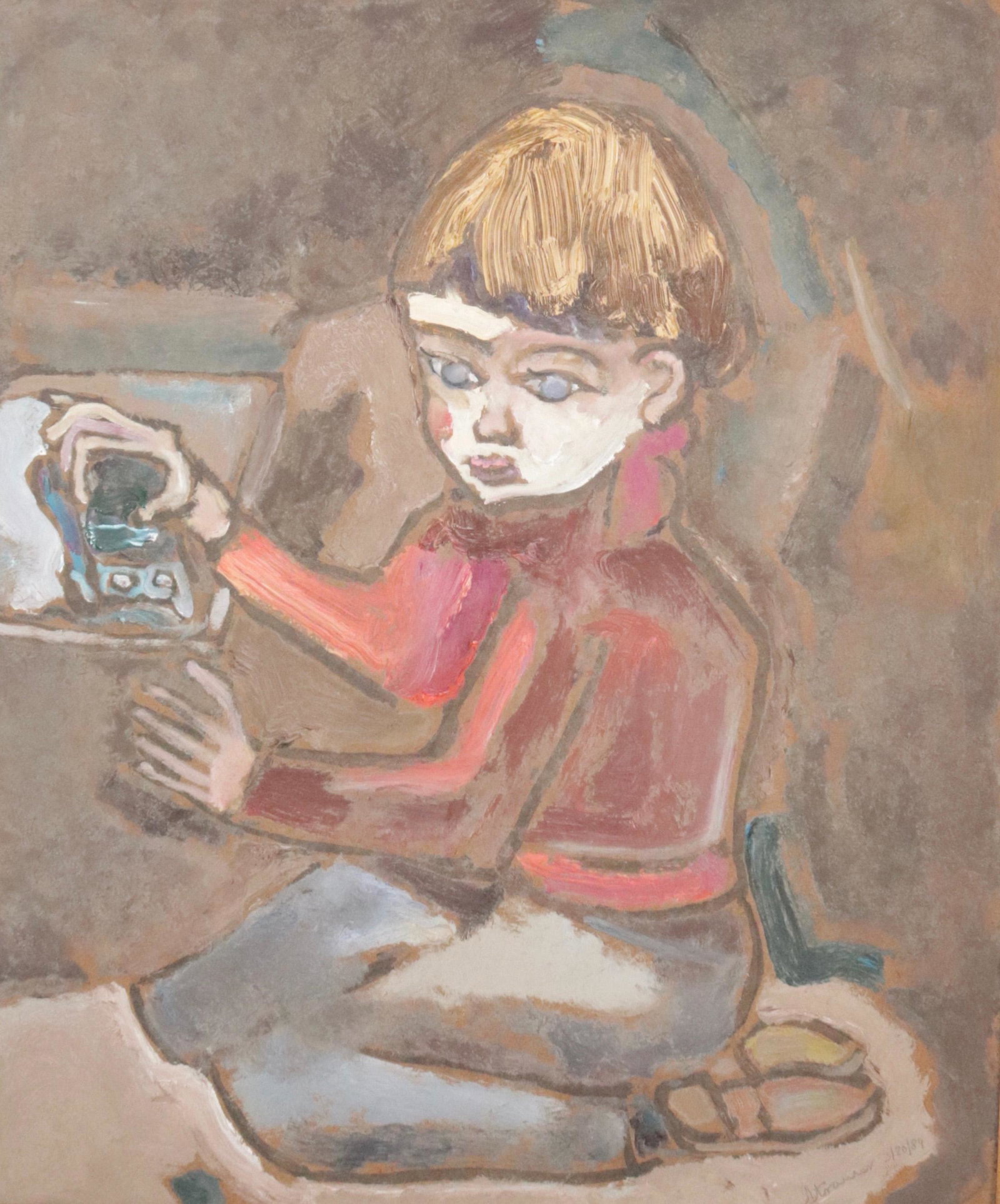 STERLING STRAUSER OIL ON BOARD: YOUNG BOY WITH TOY - SIGNED LOWER RIGHT, DATED 89 SIZE: 24" X 20"