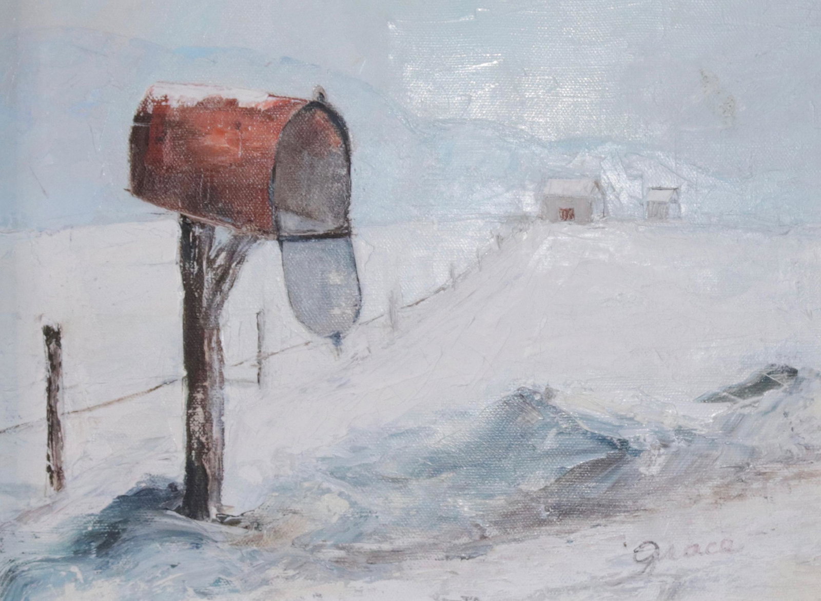 GRACE E. GRACE OIL ON CANVAS: THE MAILBOX" SNOW SCENE - SIGNED BOTTOM RIGHT SIZE: 9" X 12