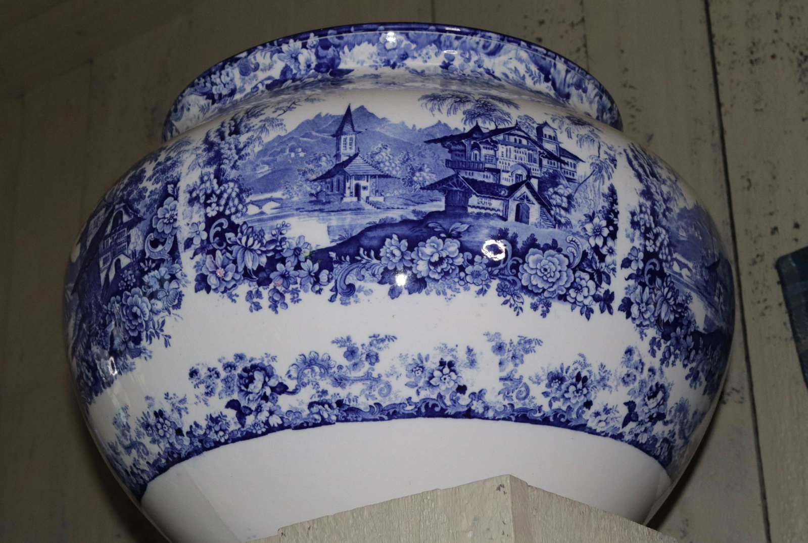 MINTONS TRANSFER WARE FLOWER POT: BLUE AND WHITE - MARKED ON BOTTOM SIZE: 12 1/2" X 18"