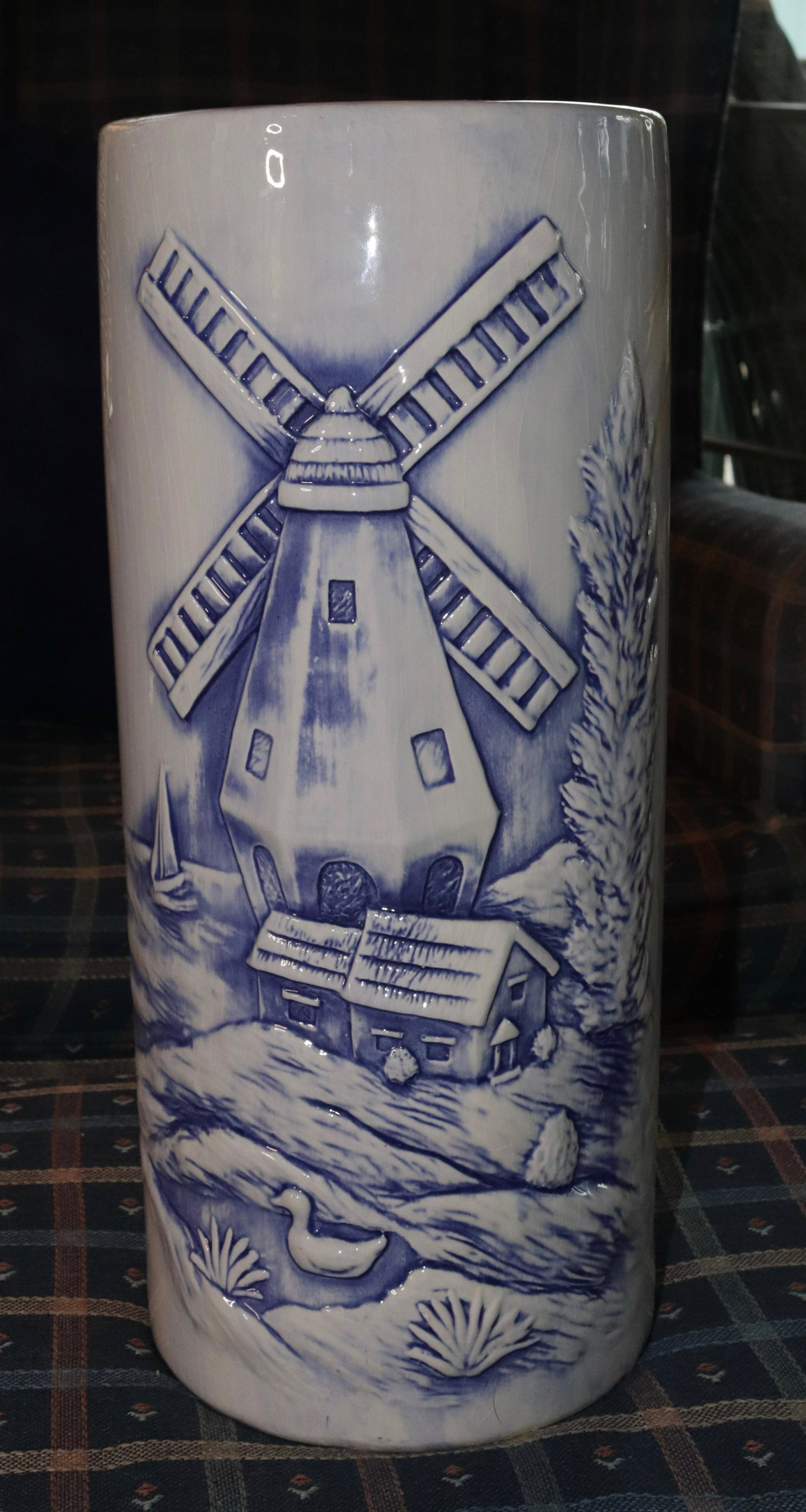 POTTERY UMBRELLA HOLDER: WINDMILL AND FERN MOTIF - MARKED "MARCIA U.S.A." ON BOTTOM SIZE: 17 1/2" H