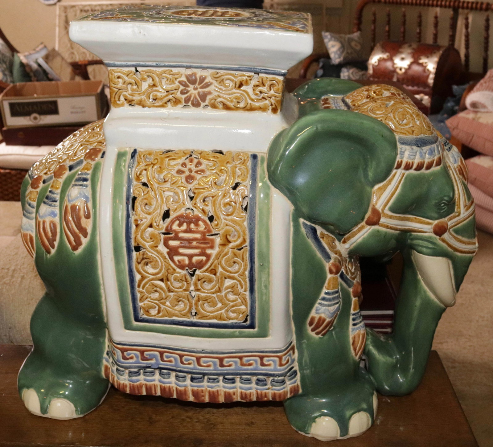HAND PAINTED PORCELAIN ELEPHANT: GARDEN SEAT SIZE: 16 1/2" X 21"