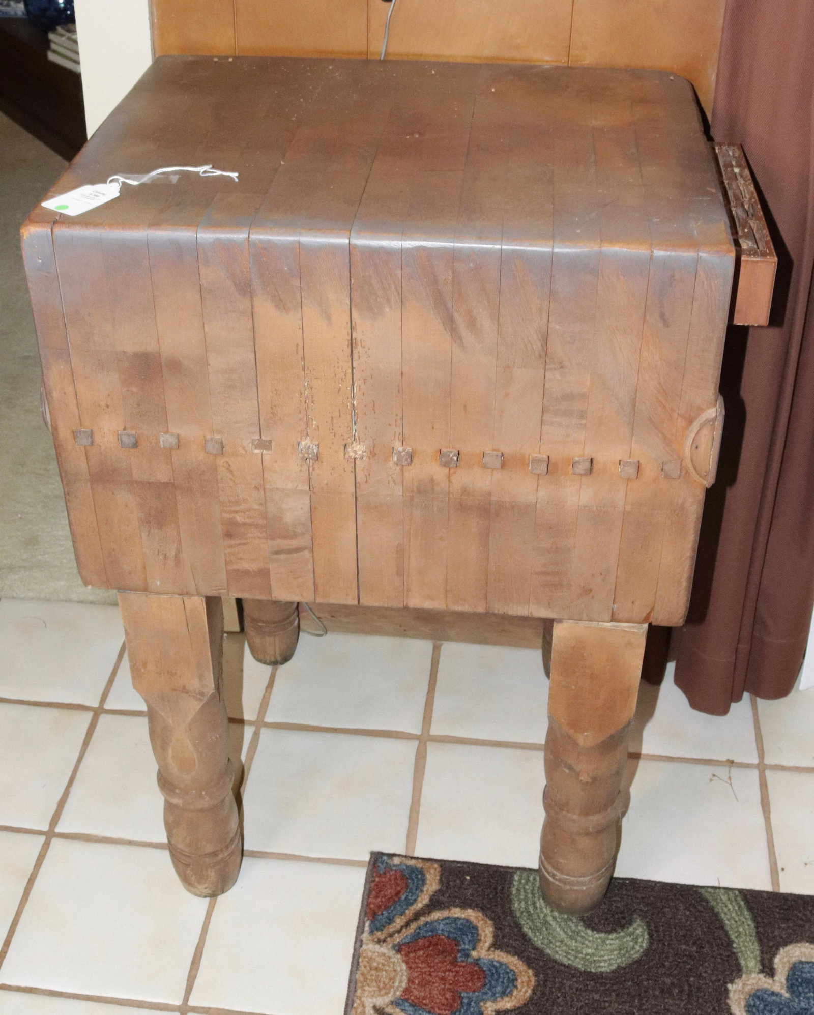 ANTIQUE WOODEN BUTCHER BLOCK: KNIFE HOLDER ON SIDE SIZE: 34" X 24" X 19"