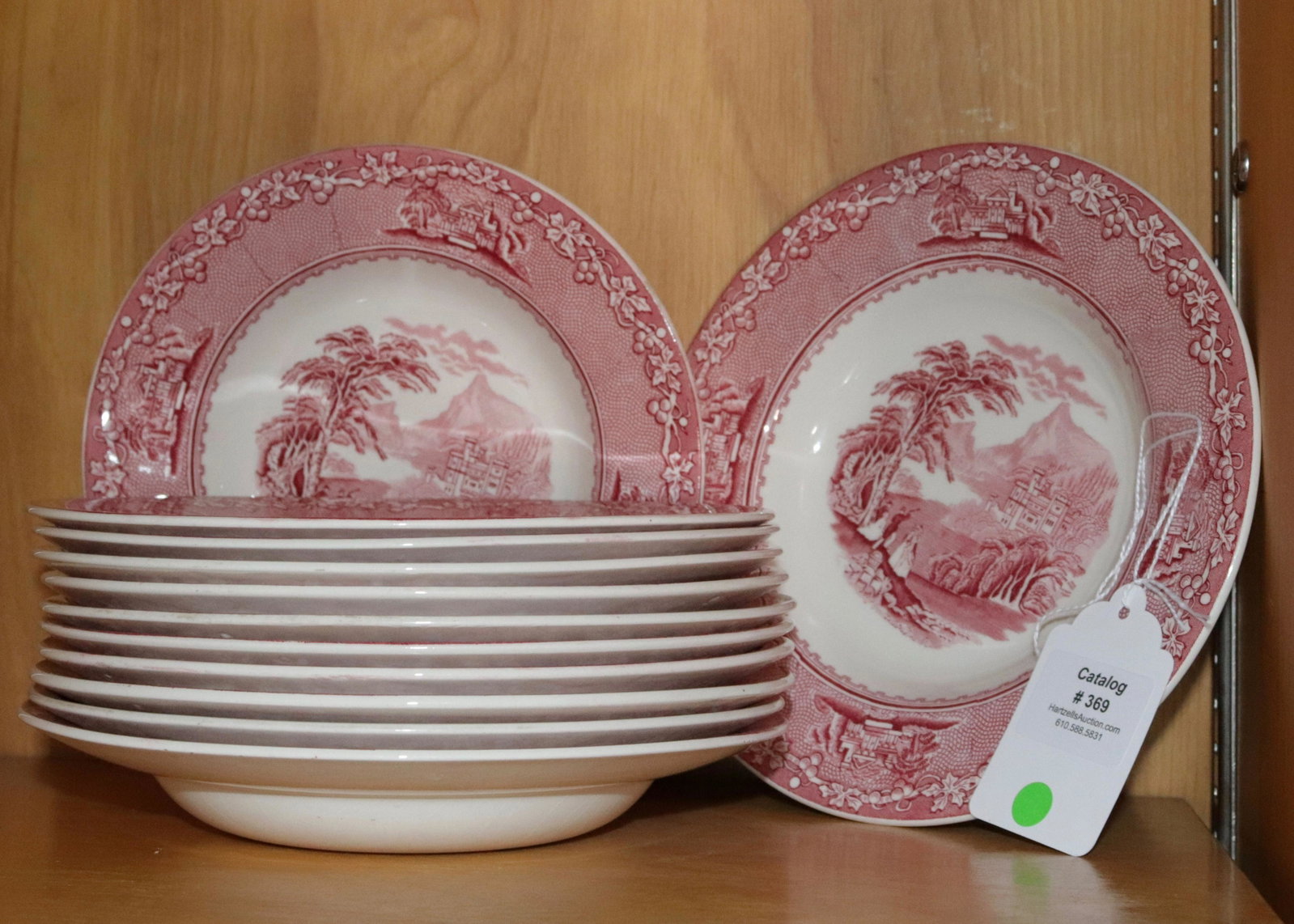 JENNY LIND PATTERN SOUP BOWLS: RED AND WHITE TRANSFERWARE - (12) TOTAL SIZE: 8" DIAMETER
