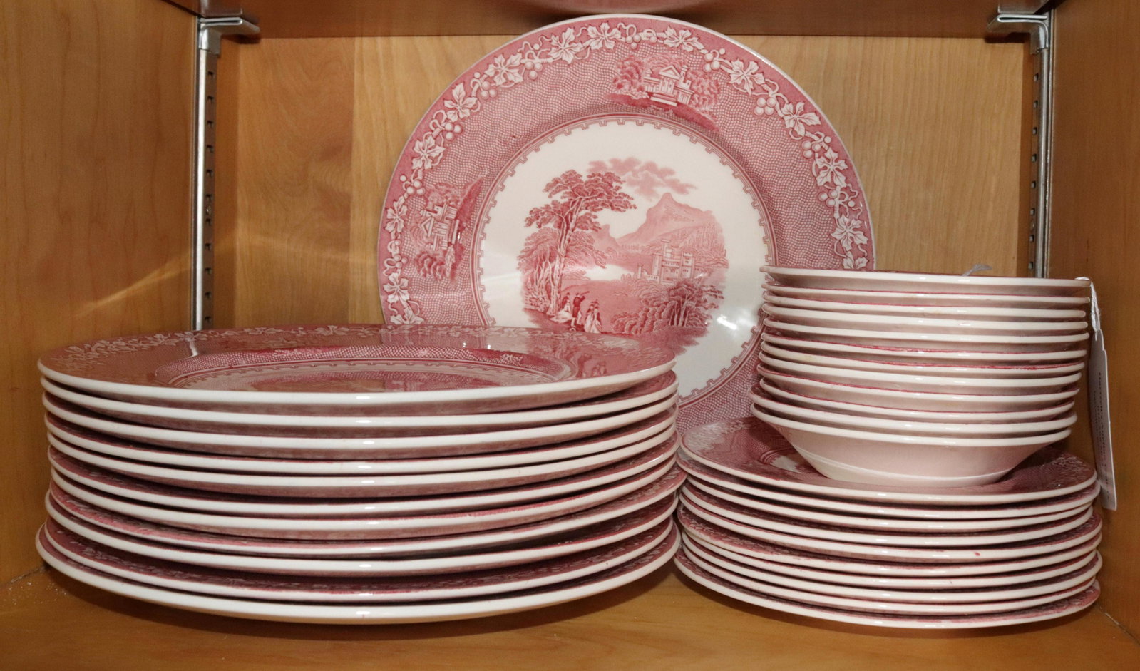 JENNY LIND TRANSFER WARE LOT: (12) DINNER PLATES, (10) BREAD AND BUTTER PLATES, AND (12) DESSERT BOWLS SIZE: 12" - 6 1/2" - 5" DIAMETERS