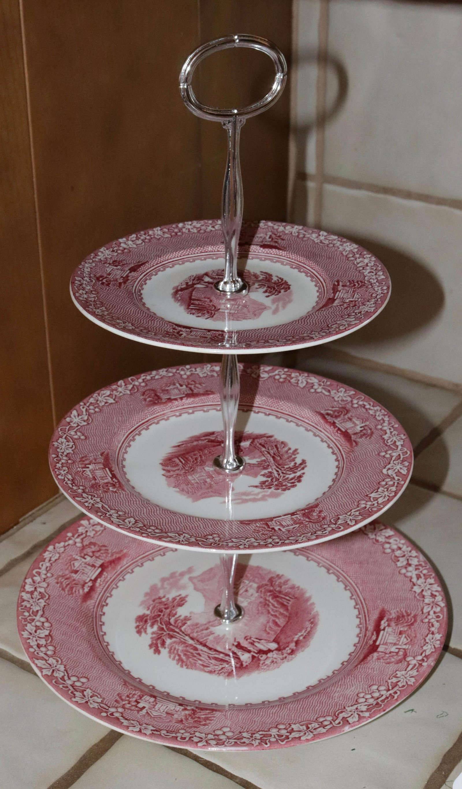 JENNY LIND TRANSFER WARE LOT: 3 TIER TOWER SIZE: 14" H