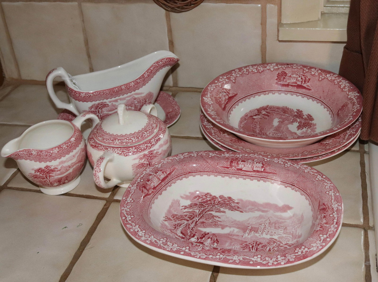JENNY LIND TRANSFER WARE LOT: (6) PIECES INCLUDING - GRAVY, (2) VEGETABLE BOWLS, (2) DEEP PLATES, AND SUGAR & CREAMER