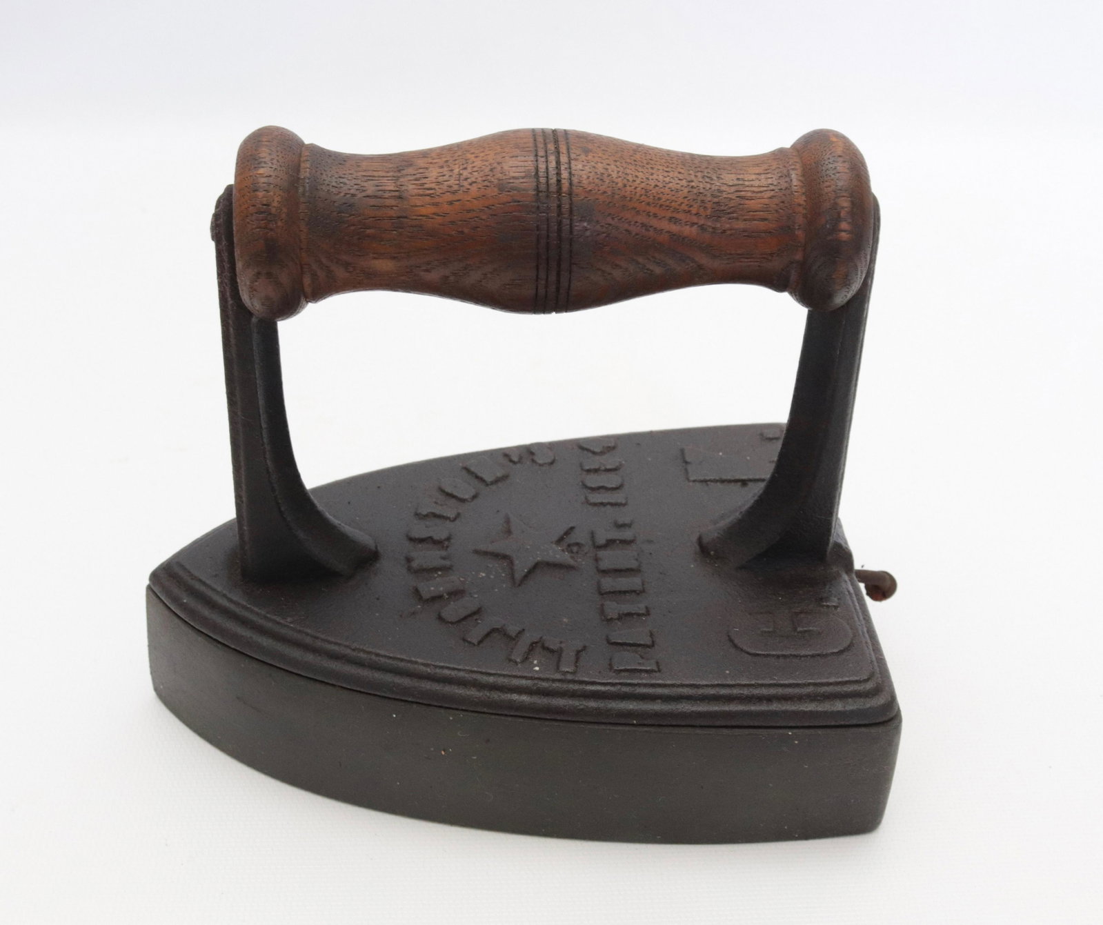 ANTIQUE SLUG IRON: LIFT OFF TOP - J.J. JOHNSTON'S PATENT APPLIED FOR 1854 - HAND MADE WOODEN REPLACED BASE DIMENSIONS: 6 1/2"