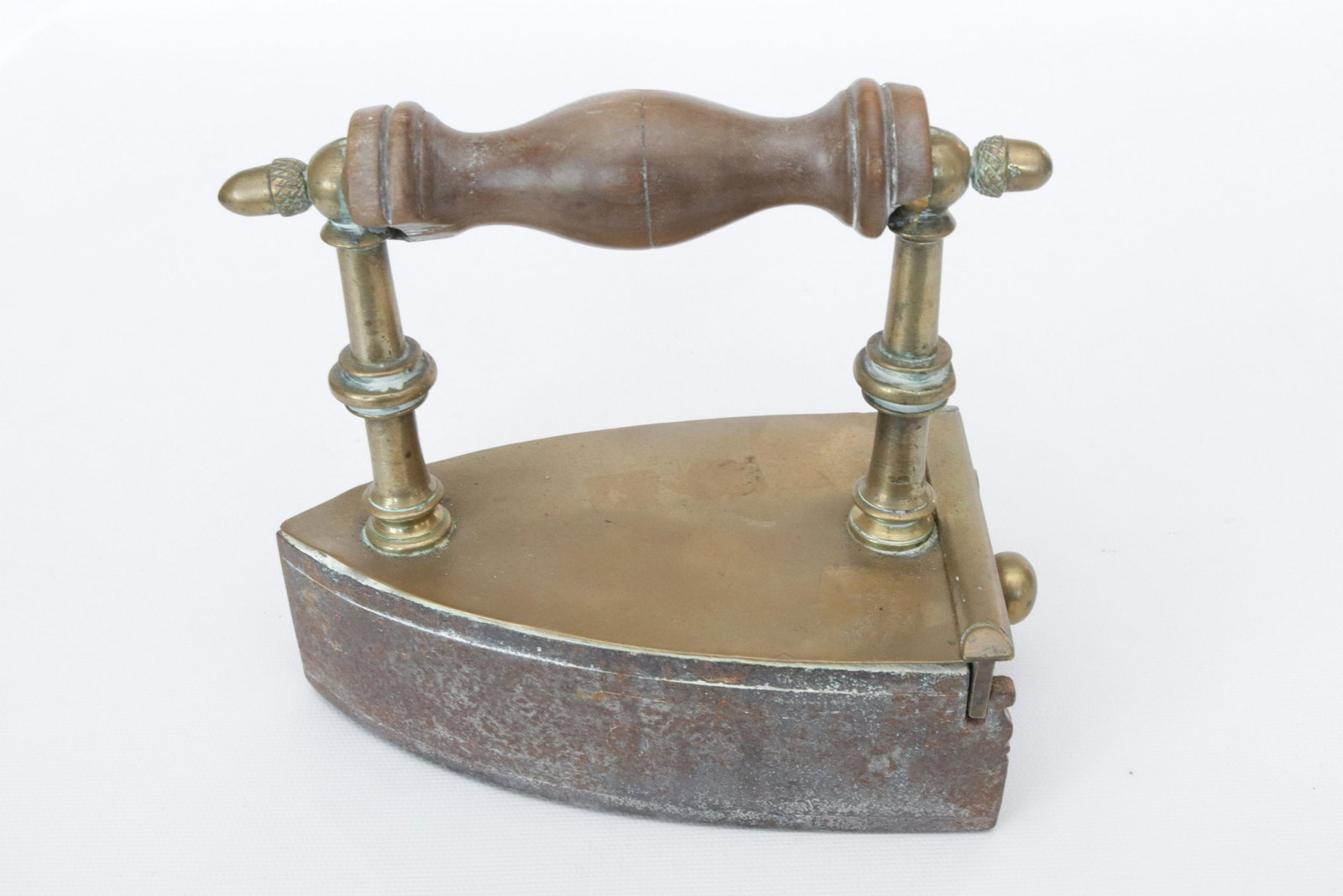 HANDMADE SLUG IRON: BRASS OVERLAY PLATE - ACORN FINIALS - DROP IN THE BACK SLUG DIMENSIONS: 6" L