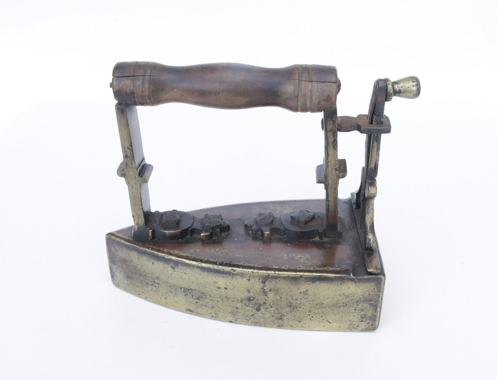 BRASS SLUG IRON: WITH ORNAMENTAL POSTS AND ATTACHMENTS - ELEVATED GATE - CIRCA 1850 DIMENSIONS: 7 1/2"