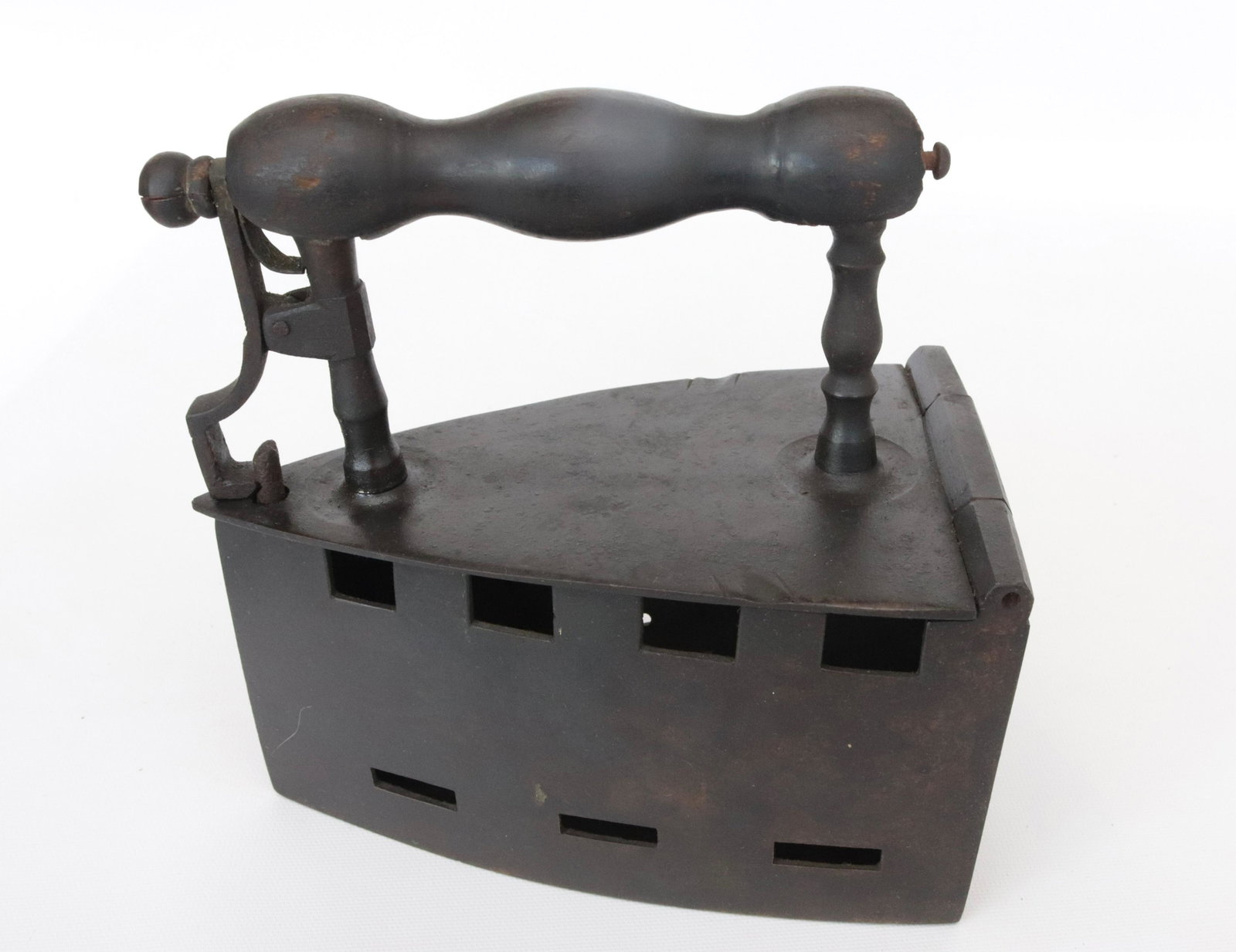 EARLY CHARCOAL IRON: CUT-OUT SIDES AND WOODEN HANDLE DIMENSIONS: 8"