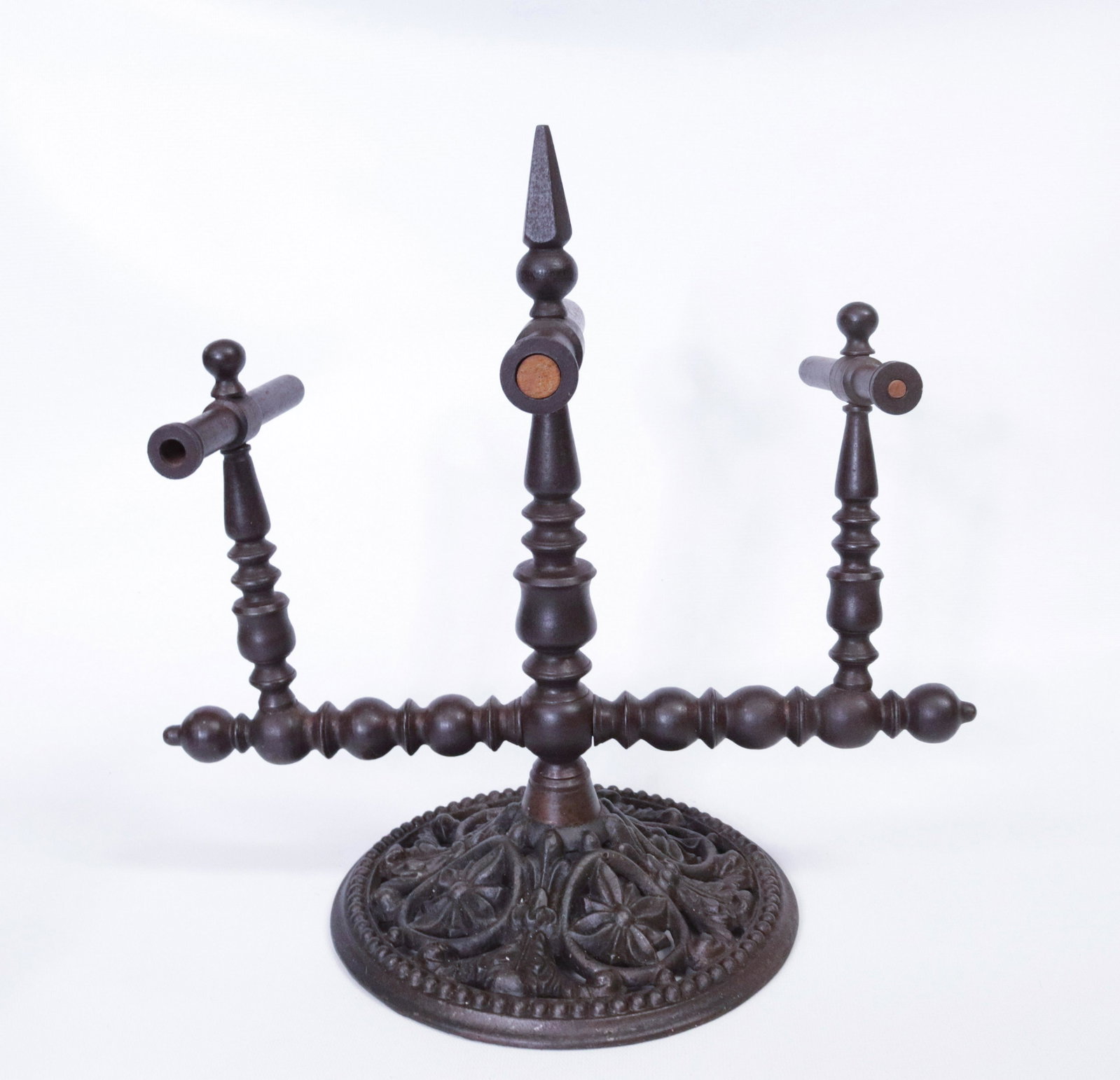 TRIPLE GOFFERING IRON: ORNATE CAST BASE WITH TURNED CROSSED AND POST - LARGE SIZE BARREL DIMENSIONS: 6" BARREL
