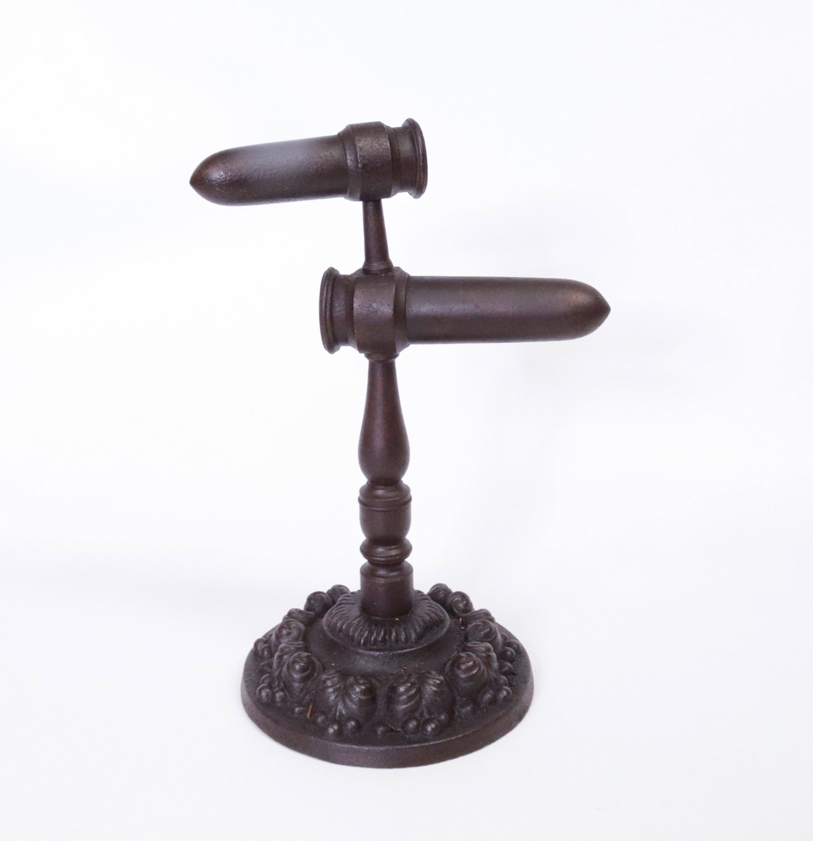 DOUBLE GOFFERING IRON: ON ORNATE CAST IRON BASE DIMENSIONS: 5" BARRELS