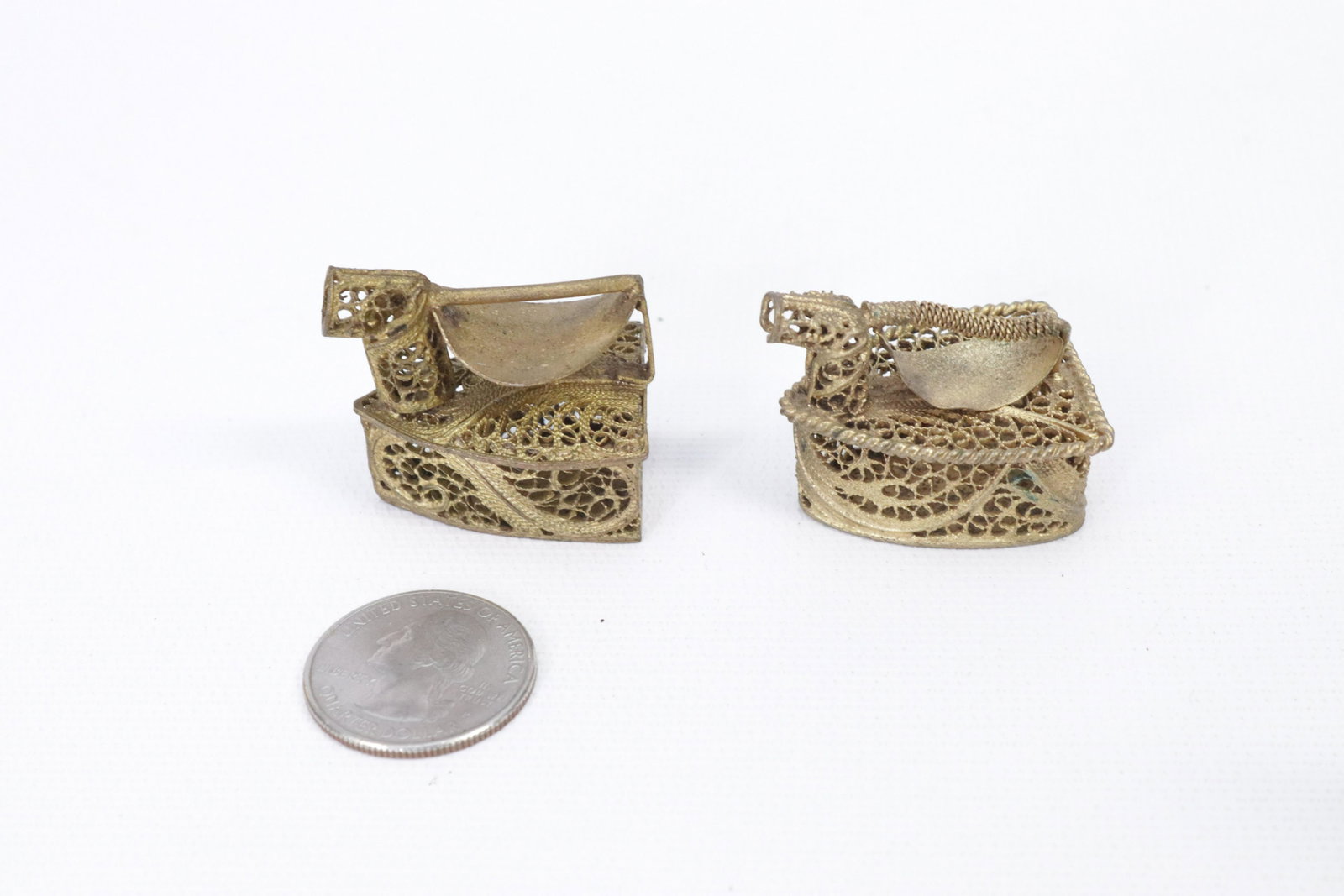 PR. OF MINIATURE CHARCOAL IRONS: SMALL SIZE BRASS FILIGREE CHARCOAL IRONS DIMENSIONS: 1 1/4"