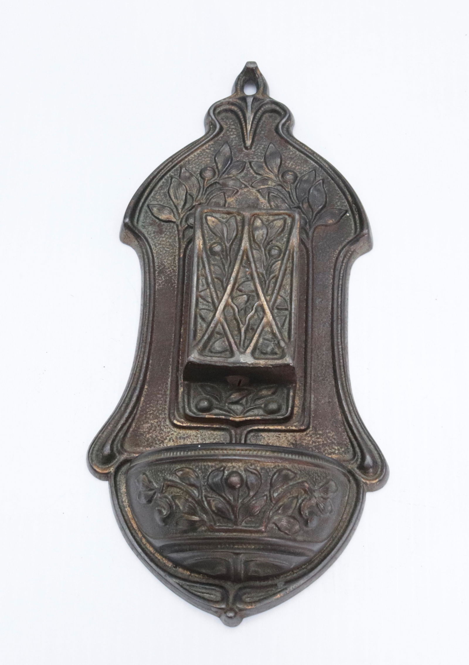 ANTIQUE WALL MOUNTED MATCH SAFE: TWO PIECE MATCH HOLDER WITH DETACHABLE "WATER" HOLDER - HOLDS BOX OF MATCHES AND WATER - LEAF, VINE, AND FRUIT TREE DESIGN - #2770 ON BACK CAST IRON 8 1/2" X 4 1/4"