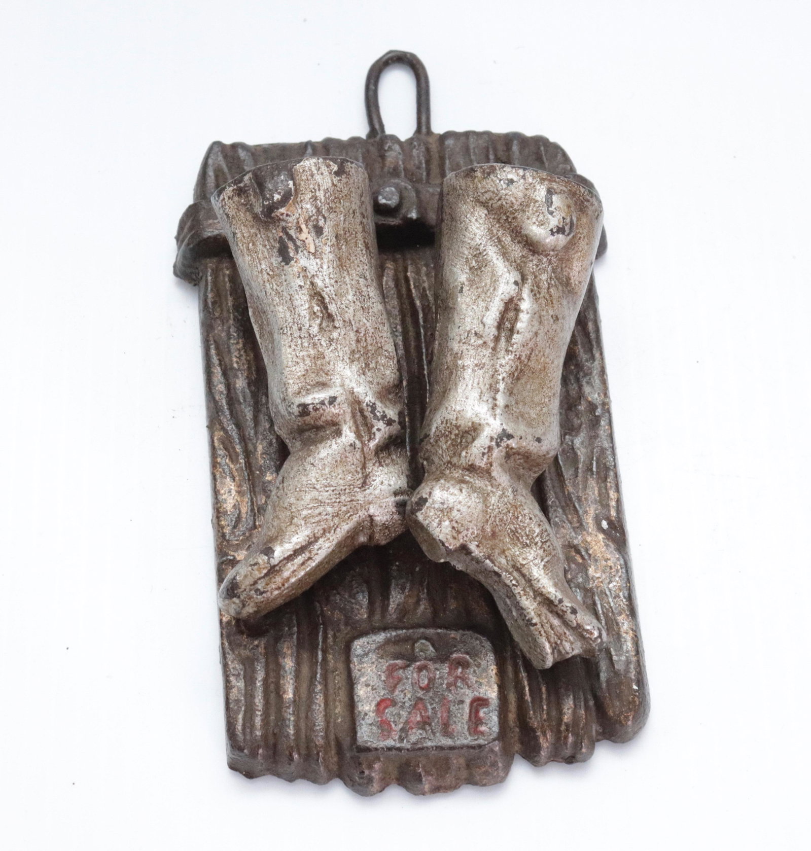 19TH CENTURY FOLK ART MATCH HOLDER: WALL MOUNTED "BOOTS FOR SALE" MATCH HOLDER - DEPICTS TWO HANGING BOOTS FROM BARN WOOD WALL - LANCASTER, PA - ORIGINAL PAINT 6" X 3 1/2"