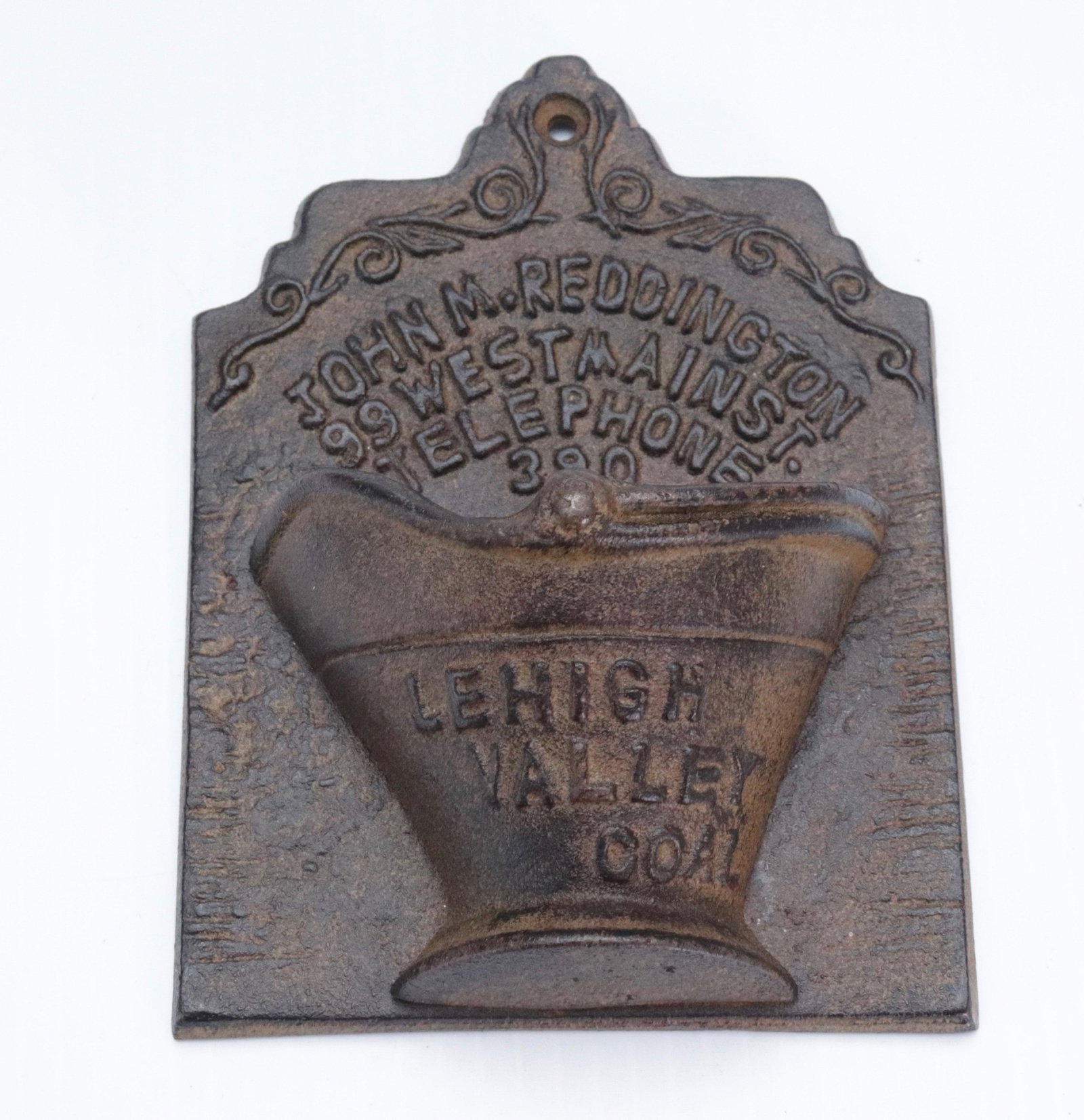 LEHIGH VALLEY COAL ADVERTISING MATCH HOLDER: JOHN M. REDDINGTON, 99 WEST MAIN ST. - TELEPHONE 390. - CAST IRON - WALL MOUNTED 6" X 4 1/2"