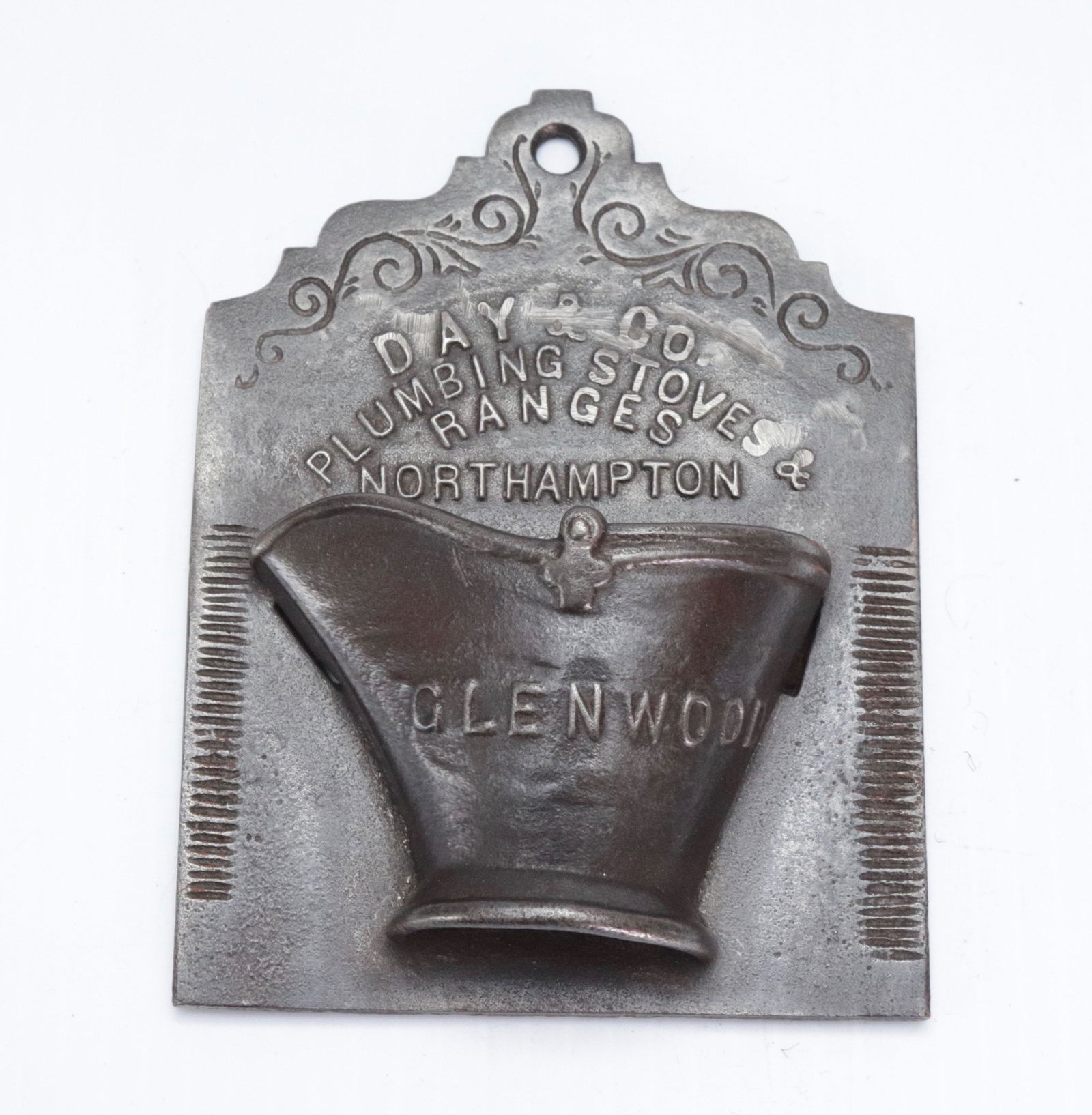 19TH CENTURY ADVERTISING WALL HANGING MATCH SAFE: GLENWOOD" DAY AND CO. PLUMBING STOVES & RANGES - NORTHAMPTON - VERY NICE DETAIL - CAST IRON COAL BUCKET 5 1/4" X 4