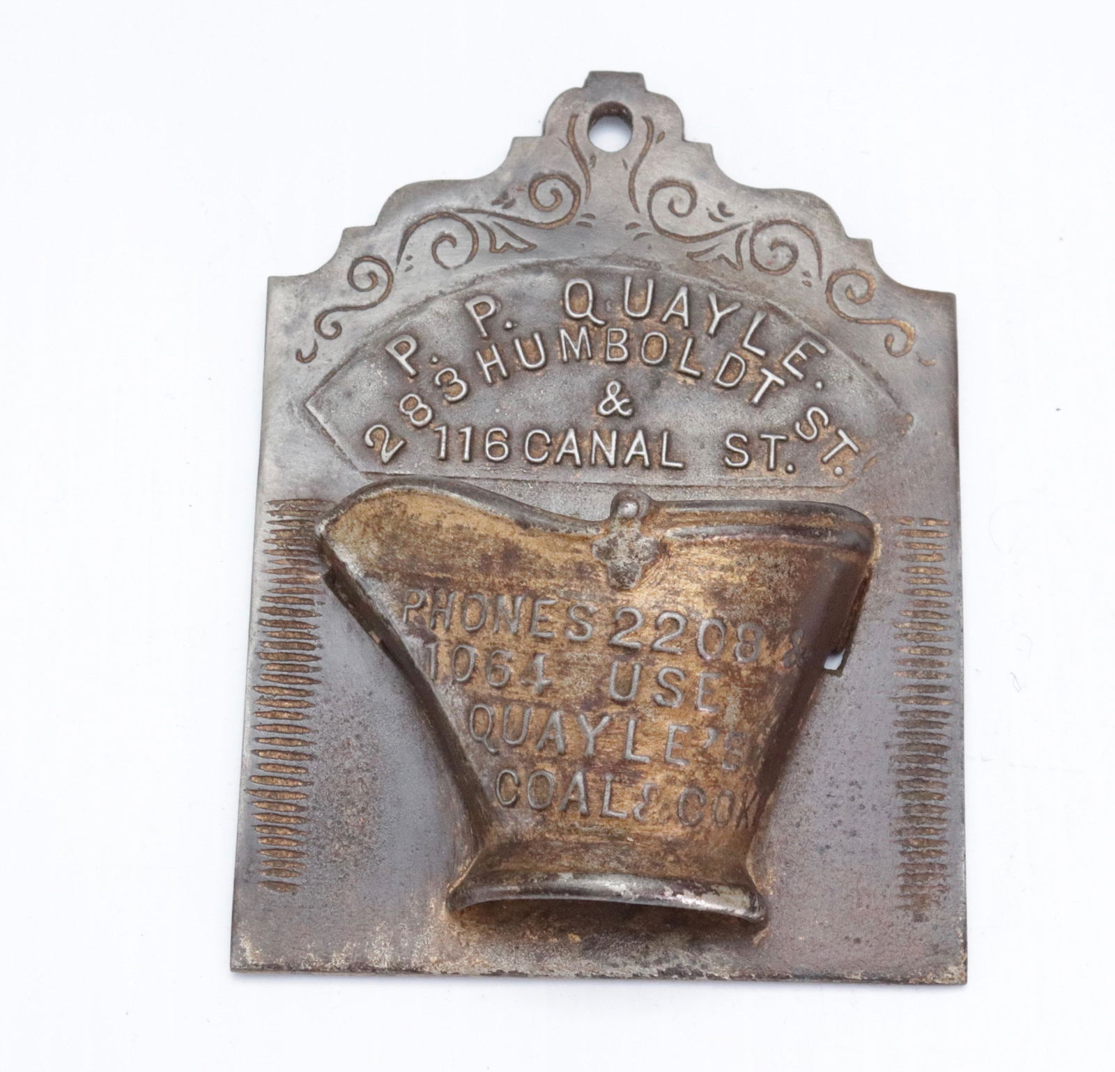 19TH CENTURY ADVERTISING WALL HANGING MATCH SAFE: P.P QUAYLE - 283 HUMBOLDT ST & 116 CANAL ST "USE QUAYLE'S COAL AND COKE" - CAST IRON DEPICTING COAL BUCKET - TRACES OF ORIGINAL PAINT 5 1/8" X 3 1/4"