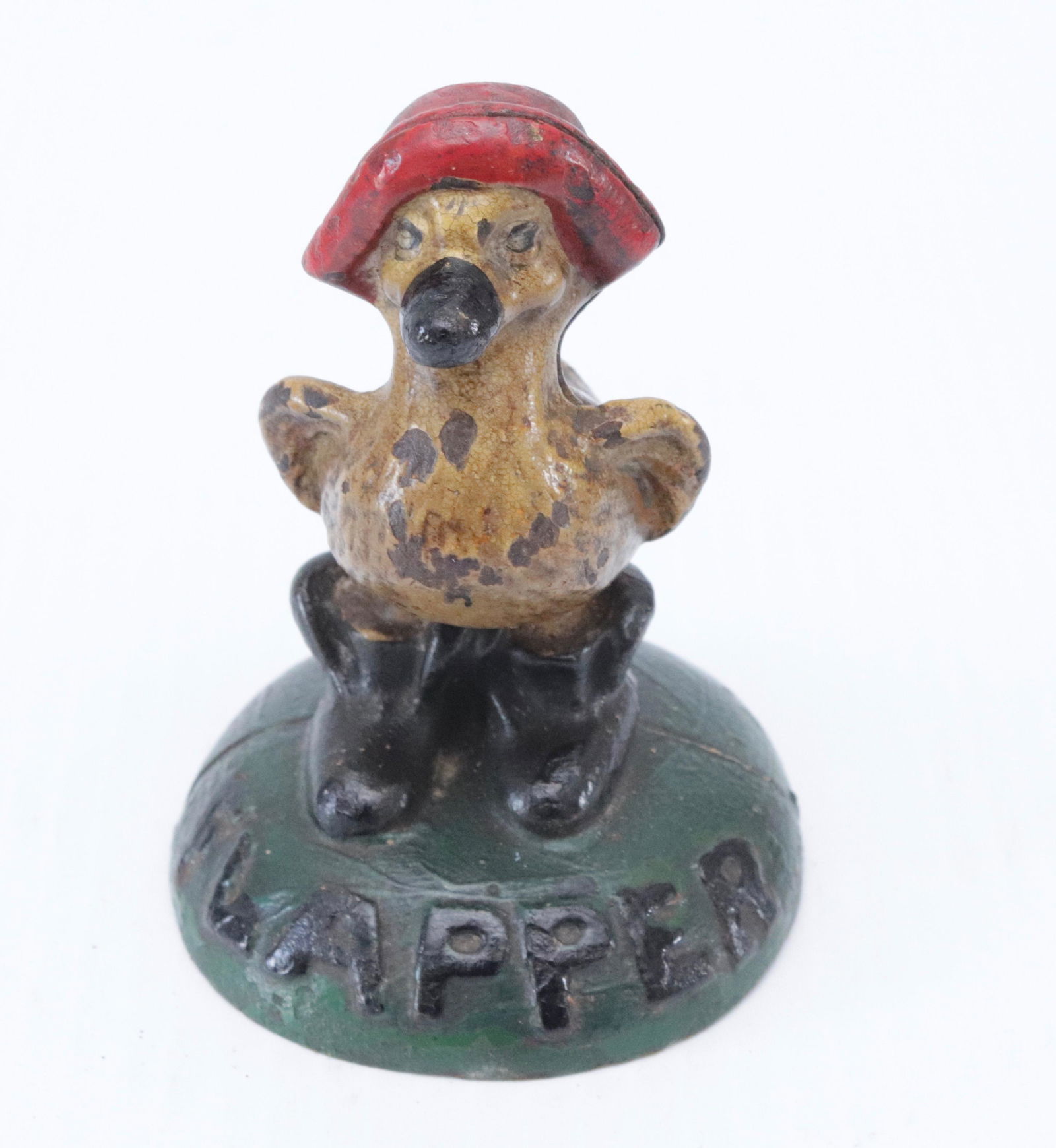 CAST IRON DUCKLING PAPERWEIGHT: FLAPPER" ON BASE - IMPRESSED ON BACK 1922 3 3/4" X 3