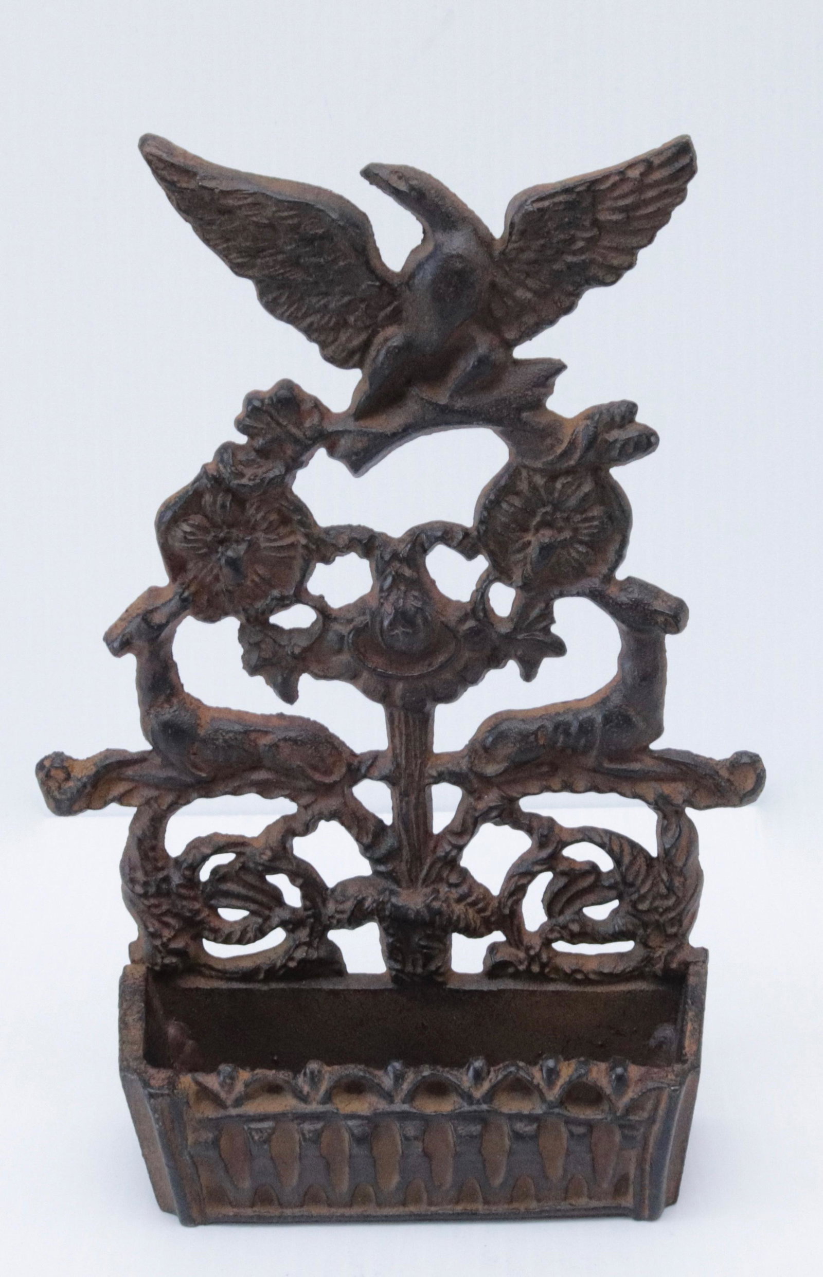 CAST IRON WALL MOUNTED MATCH HOLDER: ORNATE DESIGN WITH EAGLE AND DOGS 8 1/2" X 6"