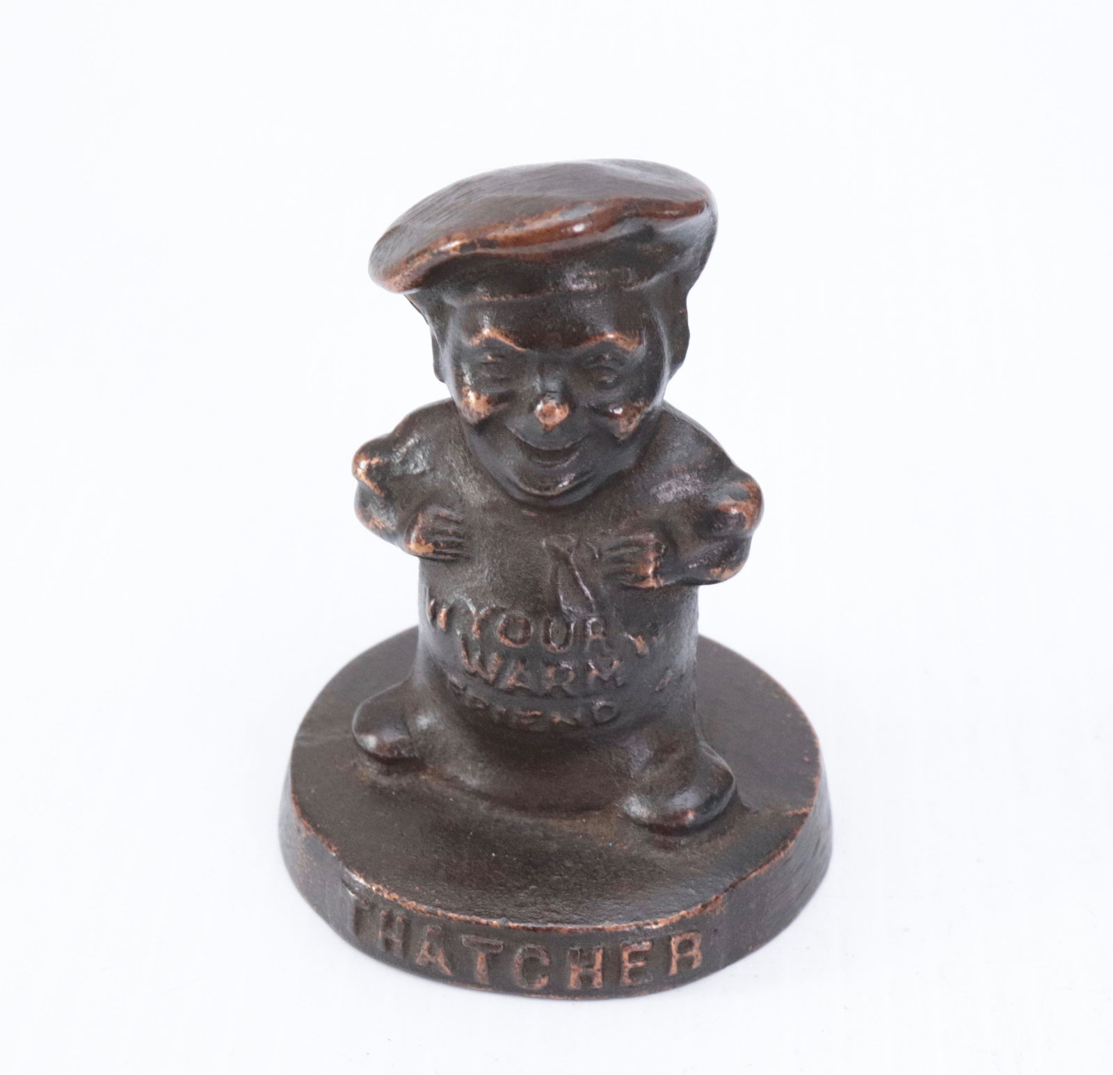 CAST IRON ADVERTISING PAPERWEIGHT: "THATCHER FURNACES, BOILERS, AND RANGES" 3 1/4" H