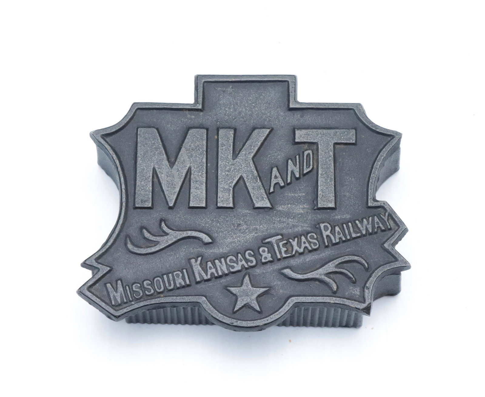 CAST IRON ADVERTISING MATCH BOX: MK & T RAILWAY" - LISTS OF EMPLOYEES ON BOTTOM - BLACK PAINTED SURFACE 3/4" X 4" X 3
