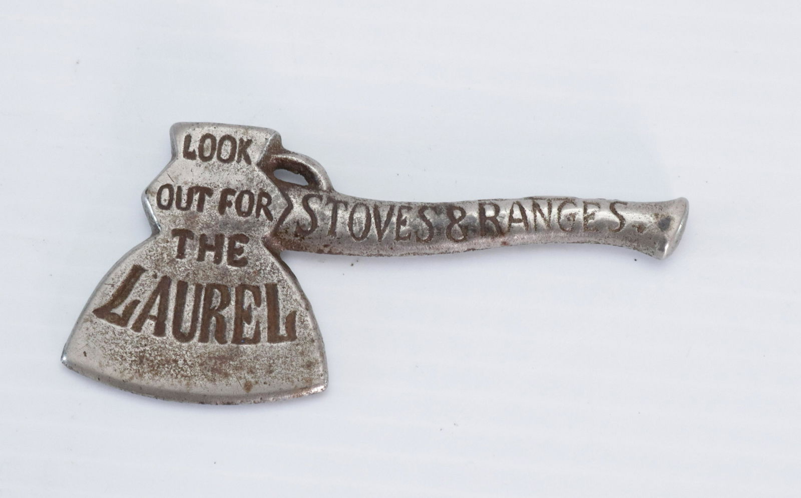 CAST IRON ADVERTISING AXE: NICKELED CAST IRON - LAUREL STOVES AND RANGES - DETROIT, CHICAGO 4"