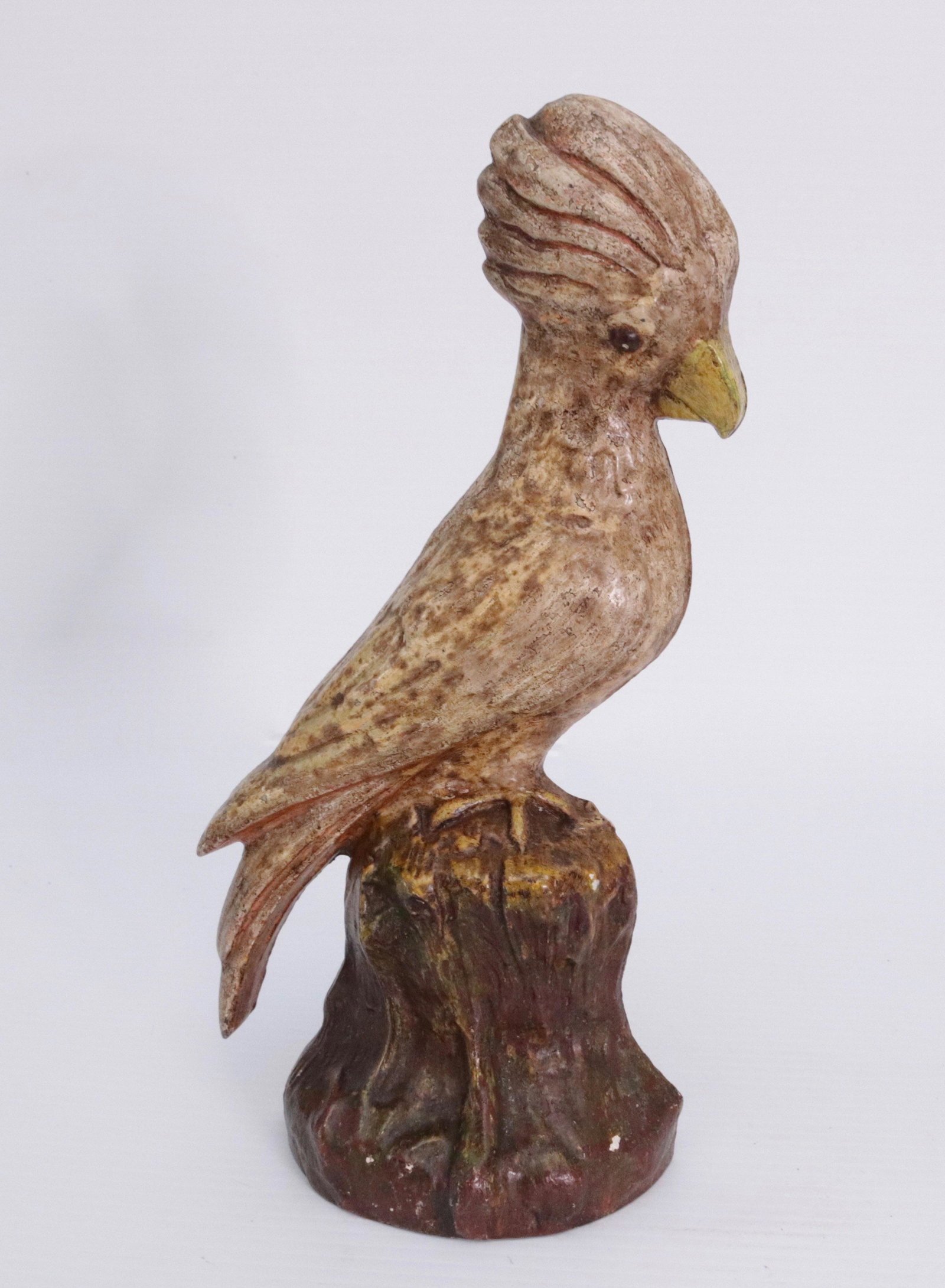 CAST IRON COCKATOO DOORSTOP: PAINTED BIRD ON STUMP. ALBANY FOUNDRY 11 3/4" H