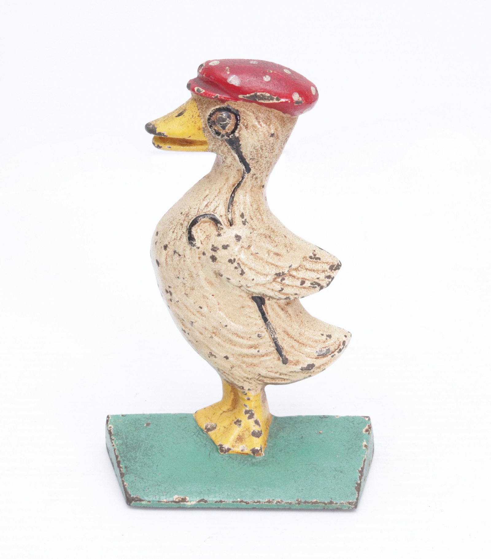CAST IRON DUCK DOORSTOP: PAINTED DUCK WITH HAT AND CANE 6 1/4" H