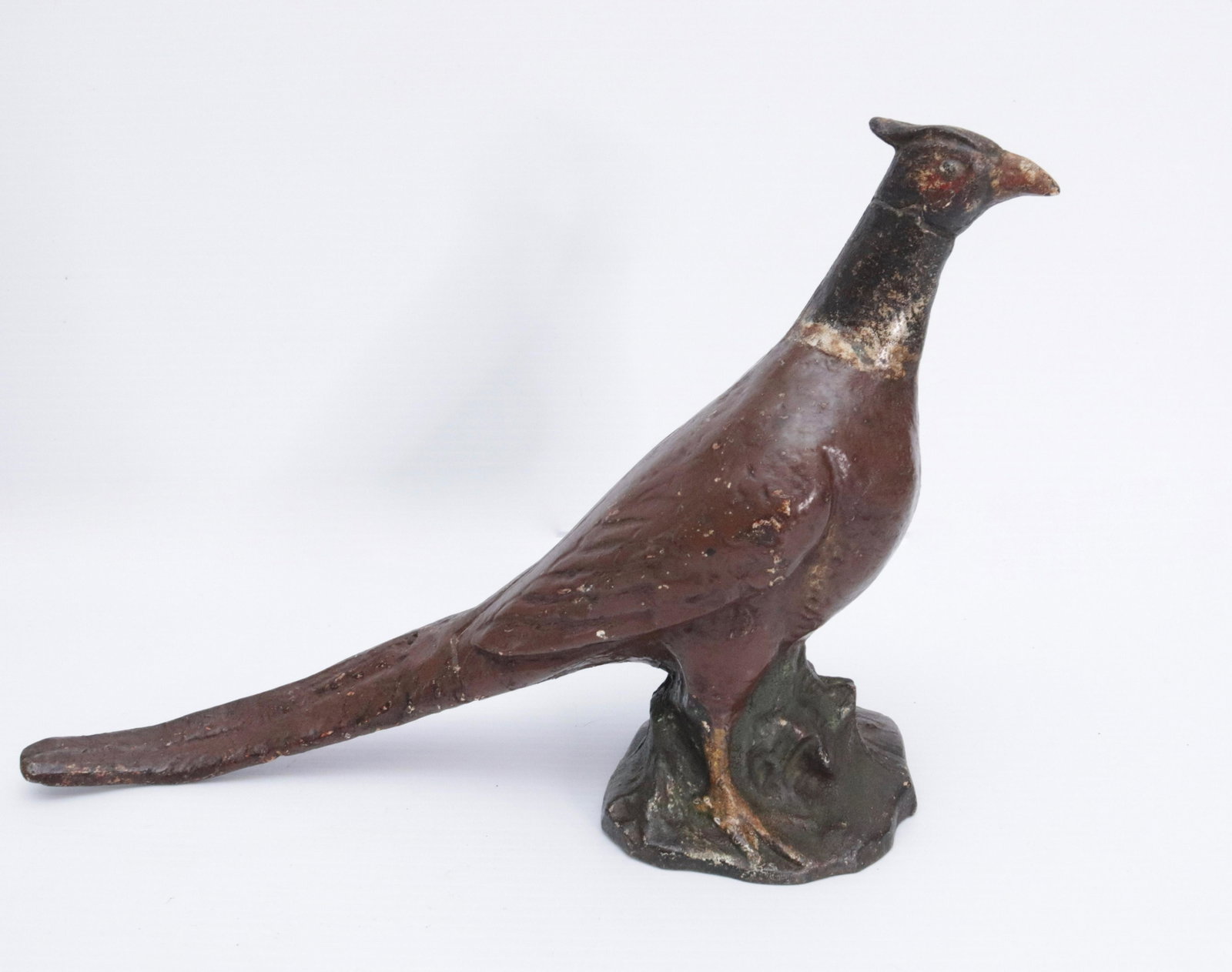CAST IRON PHEASANT DOORSTOP: HOLLOW BODY. SOME OLD REPAINT 9 1/2" X 16"