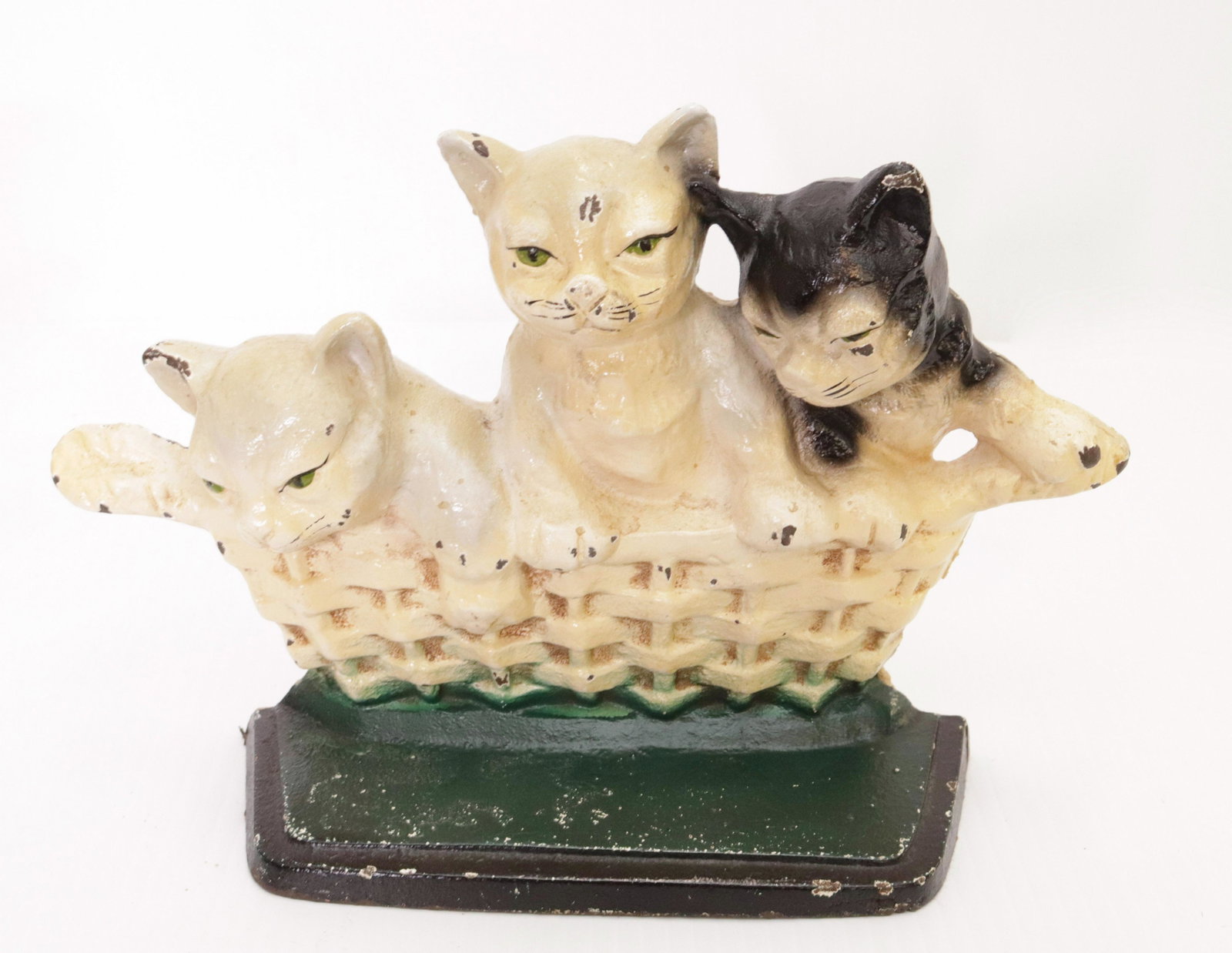 CAST IRON PAINTED DOOR STOP: DEPICTING 3 KITTENS IN A BASKET 6 1/2" X 10 1/4"