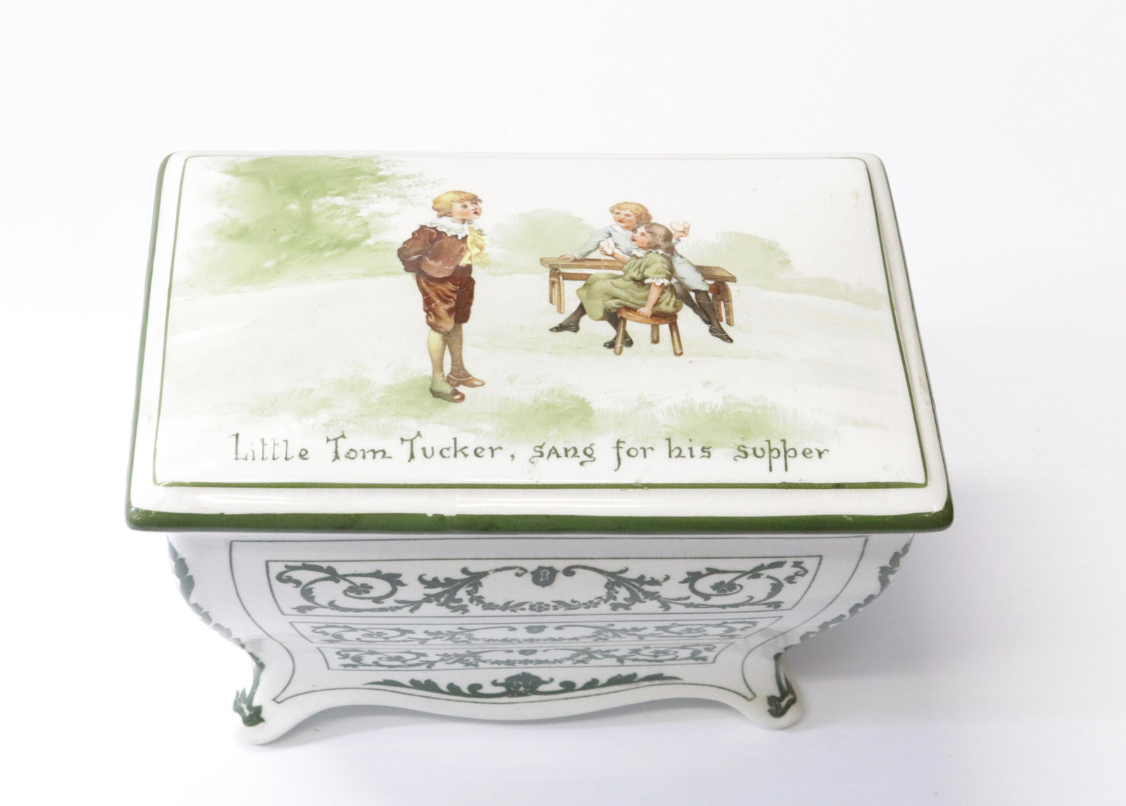 HUNTLEY & PALMERS BY; ROYAL DOULTON BISCUIT CONTAINER: LITTLE TOM TUCKER, SANG FOR HIS SUPPER" - CIRCA 1905 - PORCELAIN 5 1/4" X 6" X 3