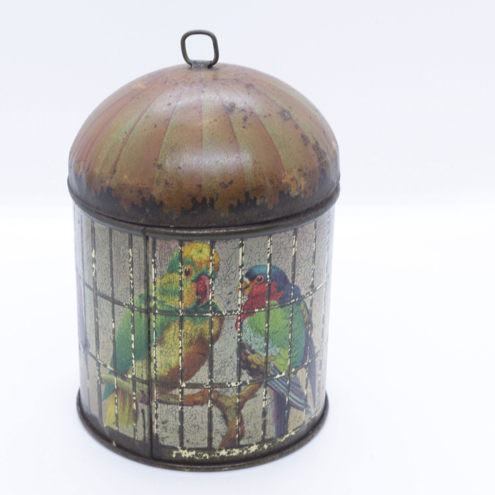 JOHN WALKER LTD. BISCUIT TIN: PARROT CAGE, CYLINDER WITH DOME TOP, GLASGOW - TIN LITHOGRAPH - CIRCA 1896 5" X 3 1/2"