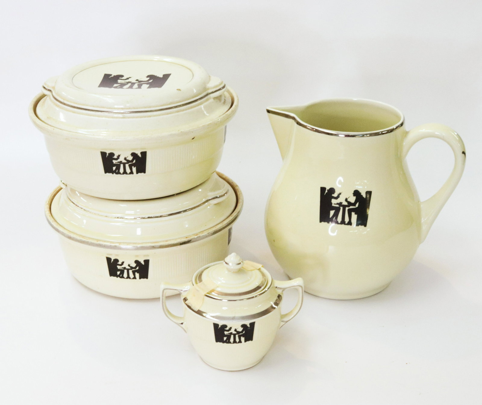 GROUP OF HULLS SILHOUETTE TAVERN SCENE: 7" PITCHER, (2) COVERED CASSEROLE DISHES, SUGAR BOWL