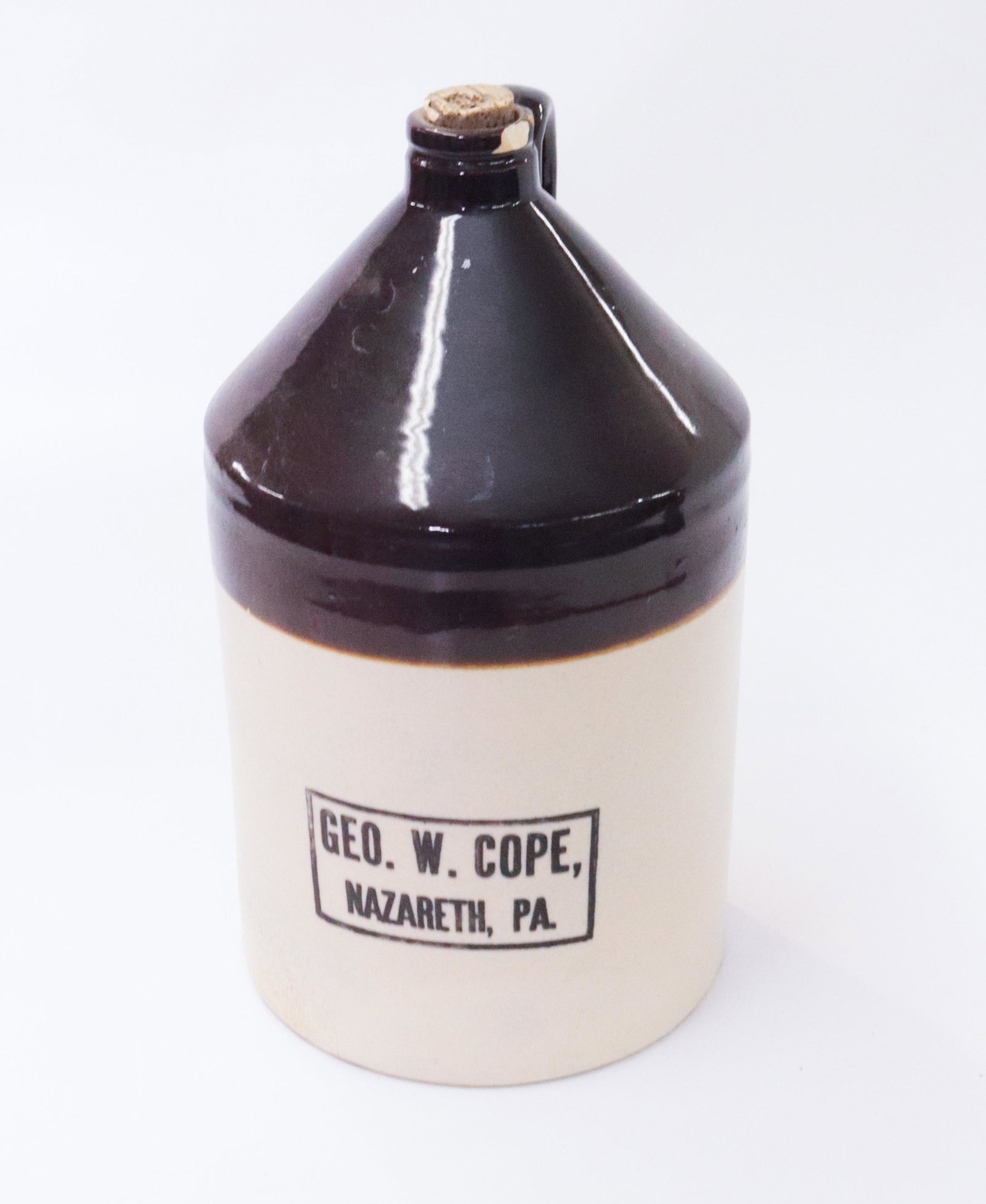GEORGE W COPE, NAZARETH, PA BROWN / WHITE JUG: GEORGE W COPE, NAZARETH, PA BROWN / WHITE JUG 12"