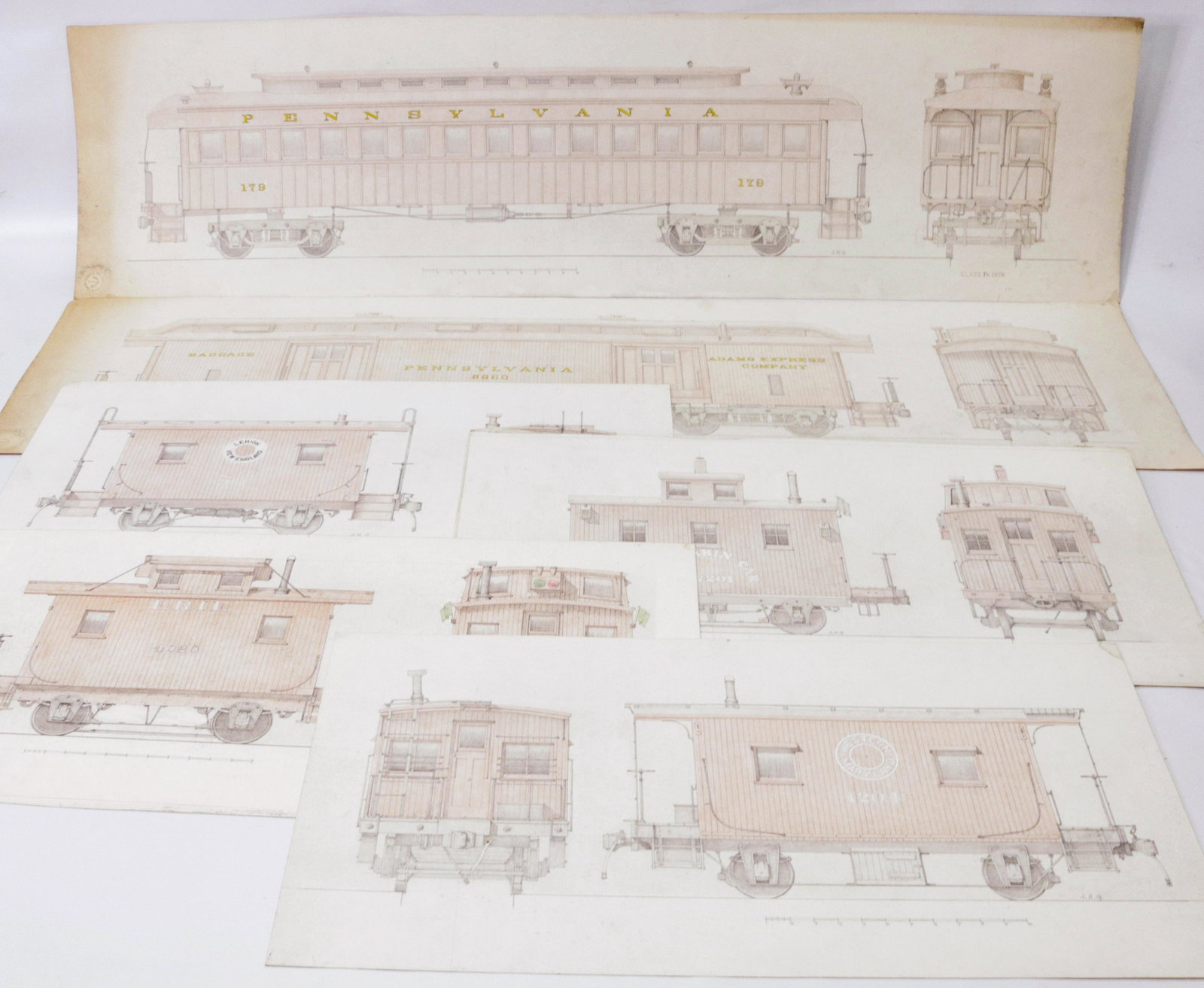 6 MODEL RAILROAD SCALE DRAWINGS: WESTERN MARYLAND,ERIE,PRR,LEHIGH NEW ENGLAND,ECT LONGEST 38"