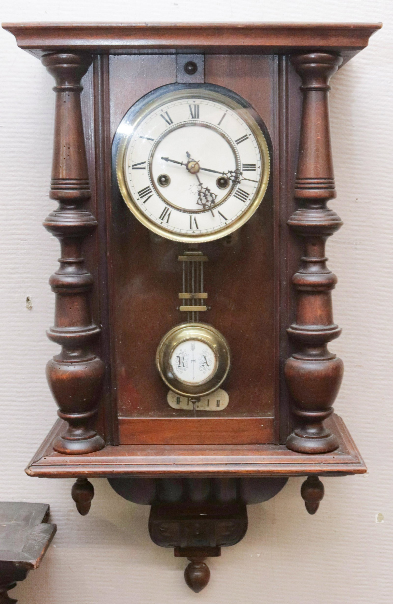 ANTIQUE WALL CLOCK: VENNA STYLE 23"X12 1/2"X 6 1/2"