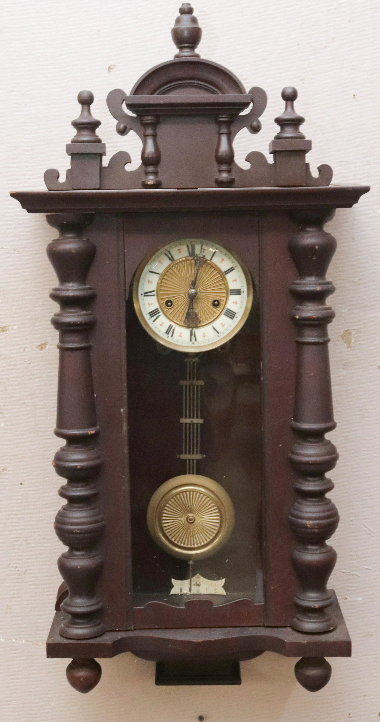 ANTIQUE WALL CLOCK: VENNA STYLE 33"X 14 1/2"X 6 1/2"