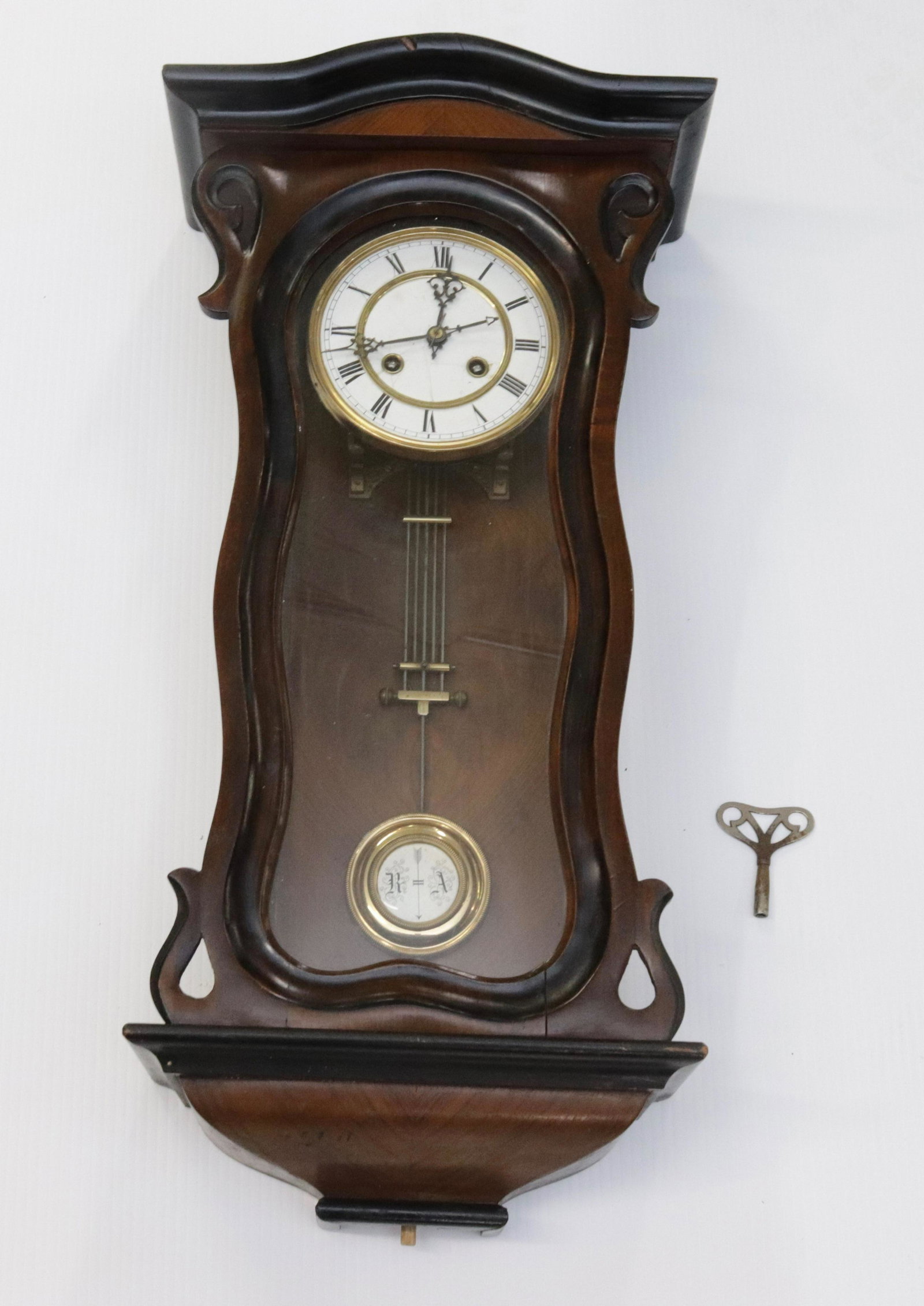ANTIQUE WALL CLOCK: VENNA STYLE 26"X11"X 5 1/2"