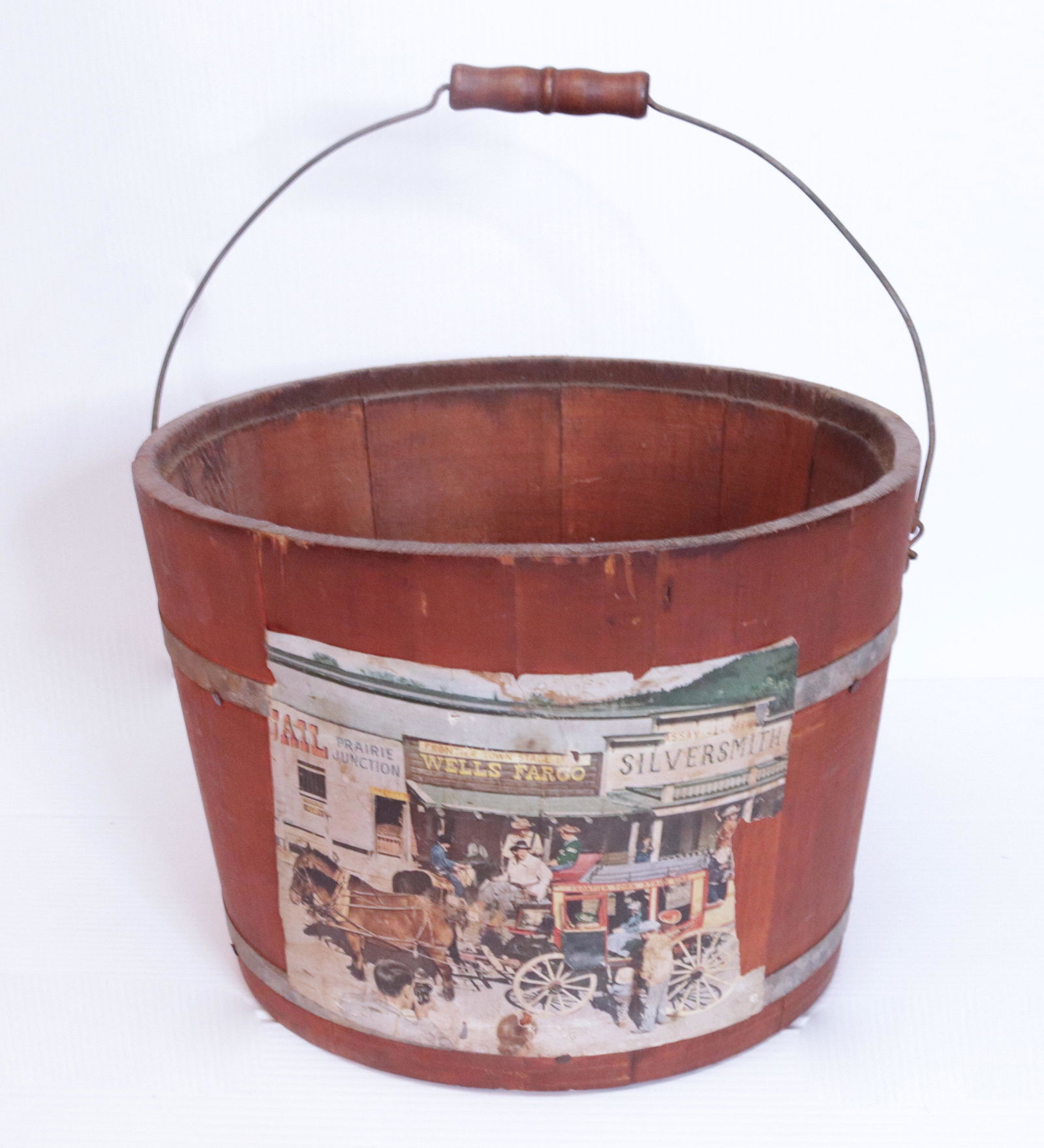 ADV. BUCKET: VINTAGE WOODEN PAIL WITH ADV. 9"X13"