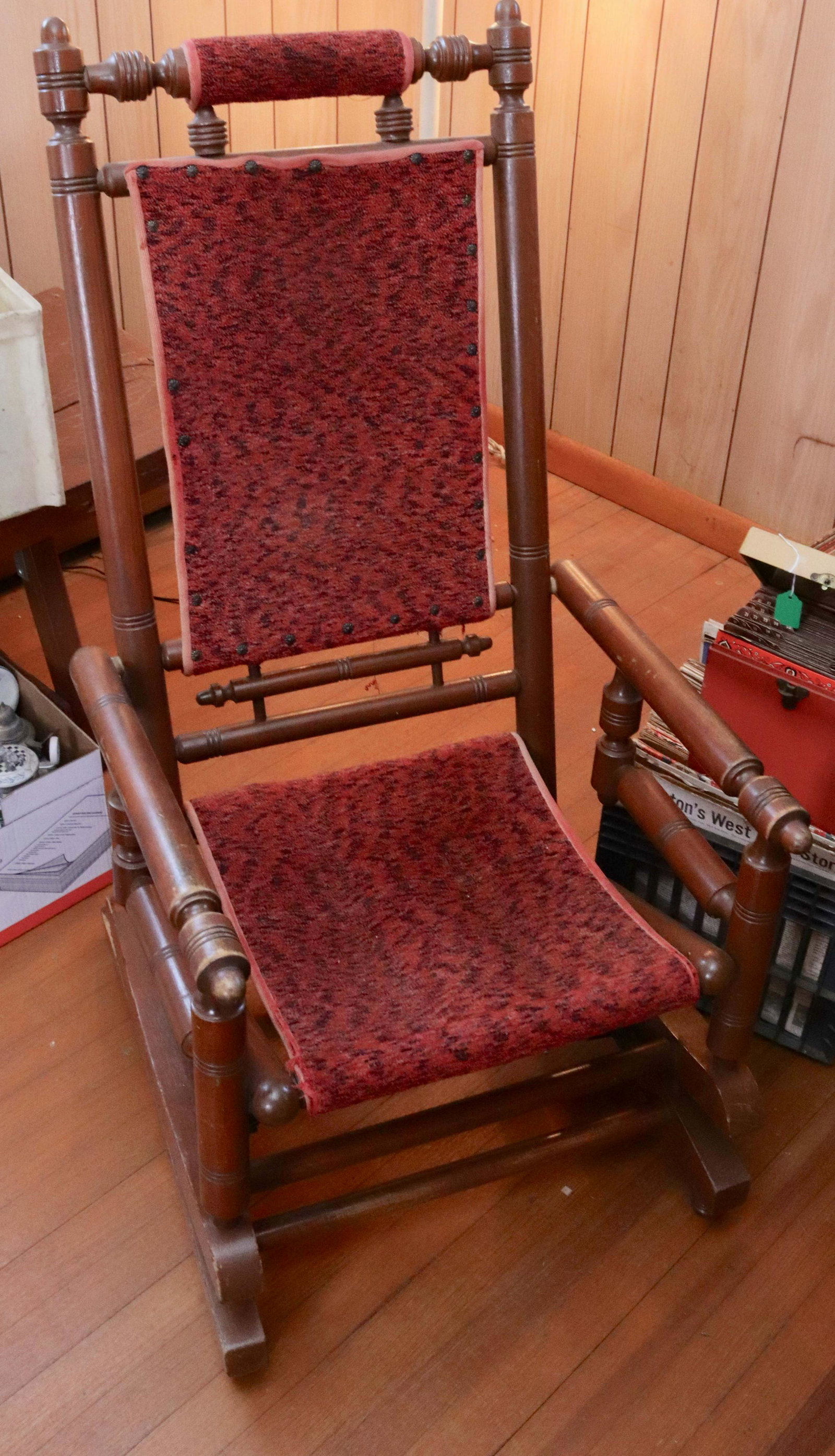 PLATFORM ROCKER: VICTORIAN, CARPET SEAT AND BACK 19"X21"X47"