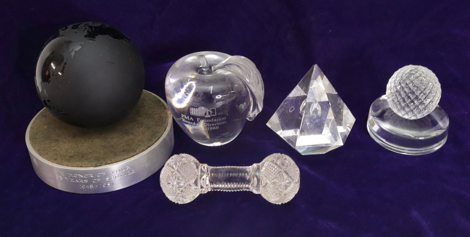 (4) GLASS PAPERWEIGHTS: BLACK GLASS GLOBE WITH SIGNATURE (HAPPY 35 YEARS) - APPLE, GOLF BALL, AND STEUBEN WEIGHT WORLD 3 1/2" DIAMETER